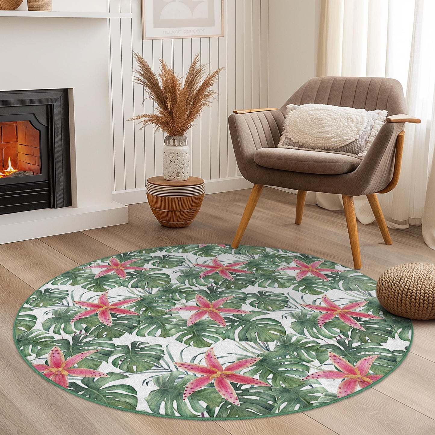 Runder Teppich mit tropischem Blumenmuster, Monstera-Blatt-Teppich, botanischer runder Teppich, Wohnzimmerdeko, Boho-Chic-Fußmatte, naturinspirierter Teppich