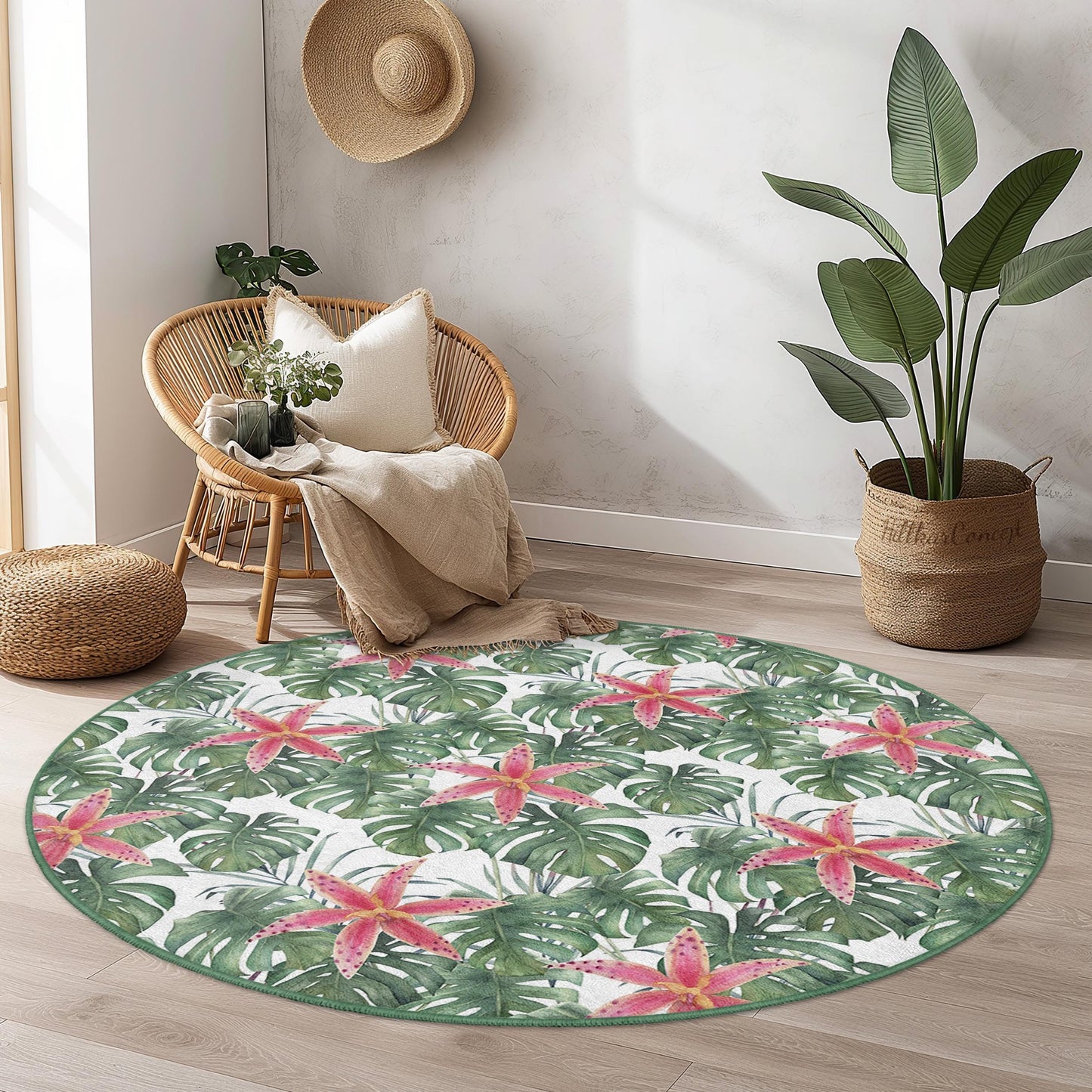 Runder Teppich mit tropischem Blumenmuster, Monstera-Blatt-Teppich, botanischer runder Teppich, Wohnzimmerdeko, Boho-Chic-Fußmatte, naturinspirierter Teppich