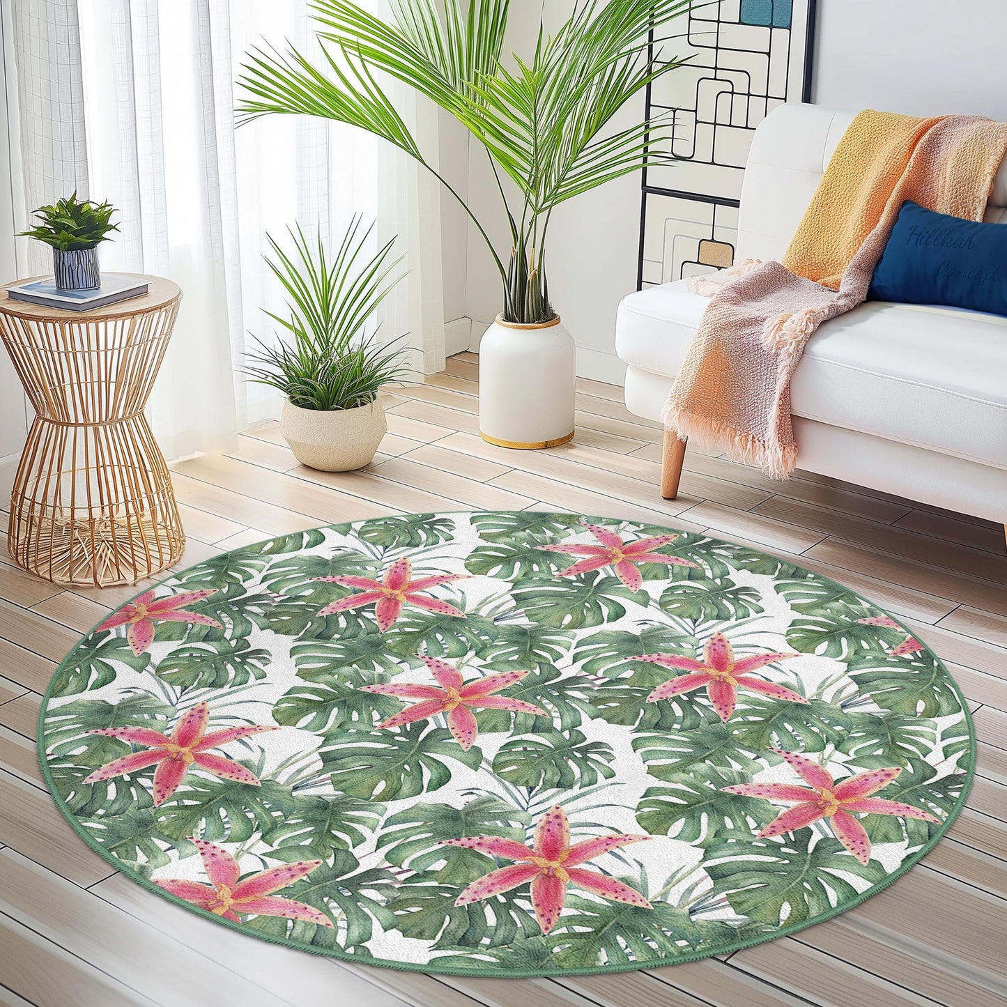 Runder Teppich mit tropischem Blumenmuster, Monstera-Blatt-Teppich, botanischer runder Teppich, Wohnzimmerdeko, Boho-Chic-Fußmatte, naturinspirierter Teppich