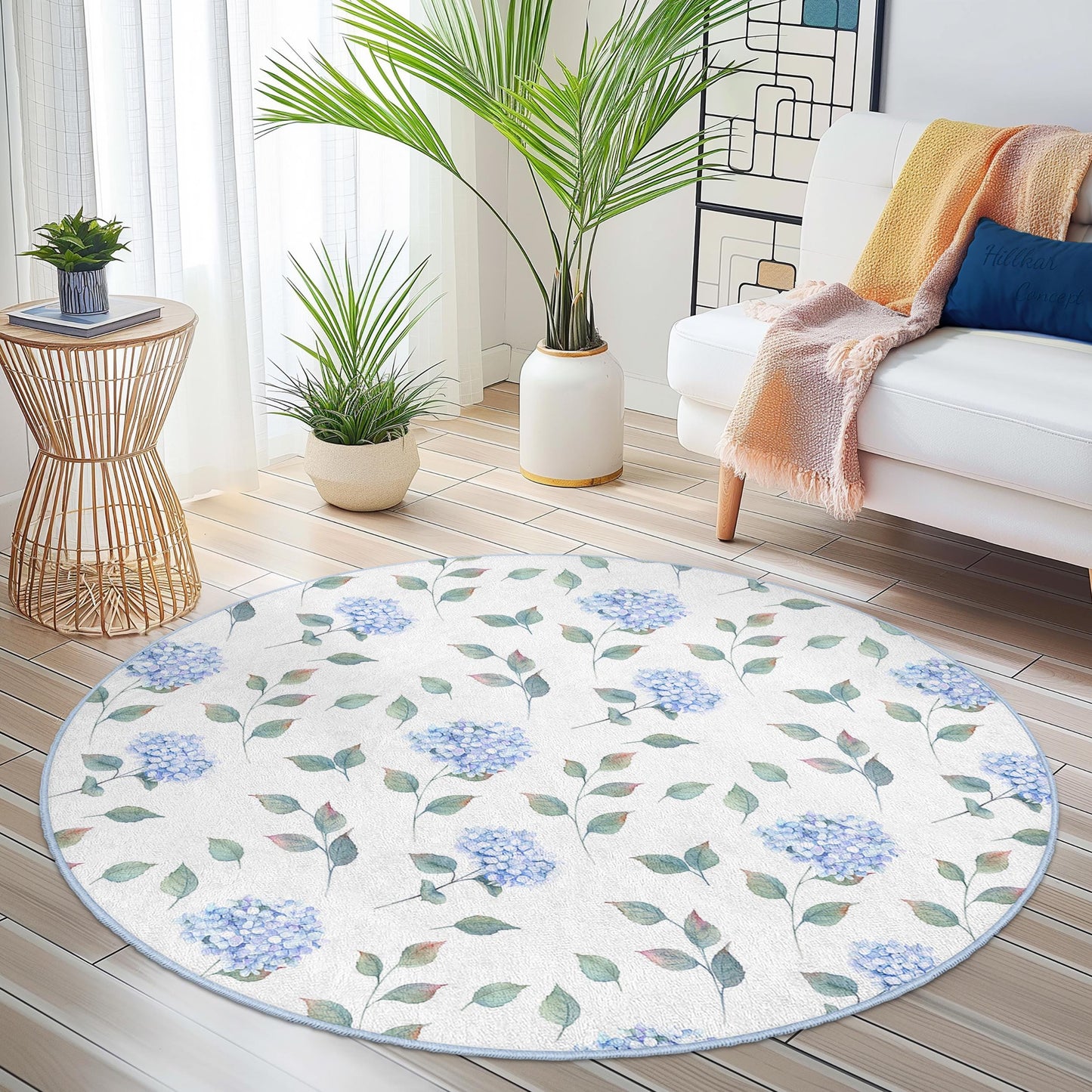 Eleganter runder Teppich mit Blumenmuster, blaue Hortensien, weicher Wohnzimmerteppich, runder Dekoteppich, Wohnaccessoire