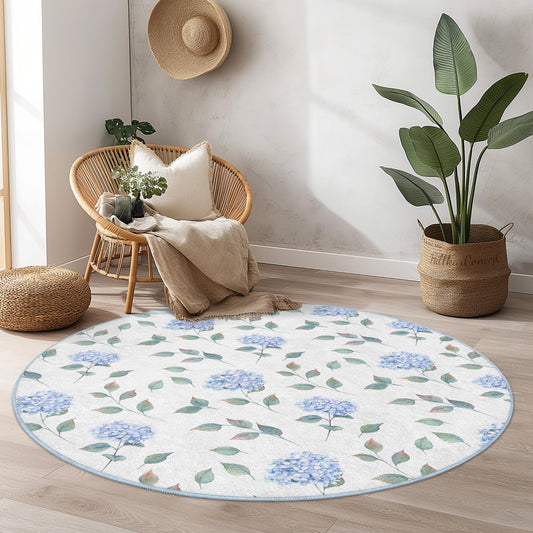 Elegant Floral Round Area Rug, Blue Hydrangea Design, Soft Living Room Carpet, Round Decorative Rug, Home Decor Accent