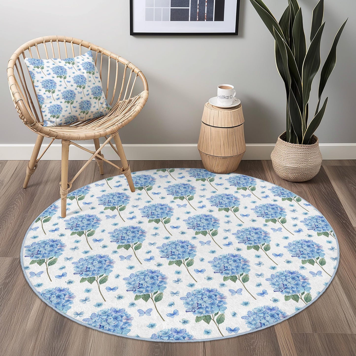 Wunderschöner runder Teppich mit Blumenmuster, blauer Hortensien, runder Wohnzimmerteppich, elegante Wohndekoration, Teppich mit Schmetterlingsmotiv