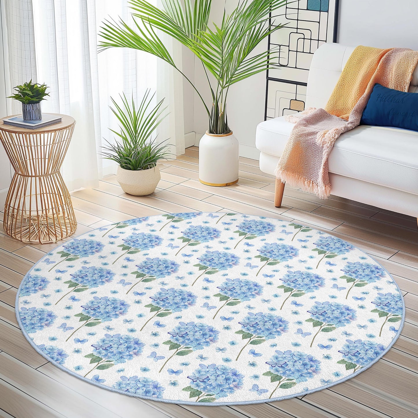 Wunderschöner runder Teppich mit Blumenmuster, blauer Hortensien, runder Wohnzimmerteppich, elegante Wohndekoration, Teppich mit Schmetterlingsmotiv
