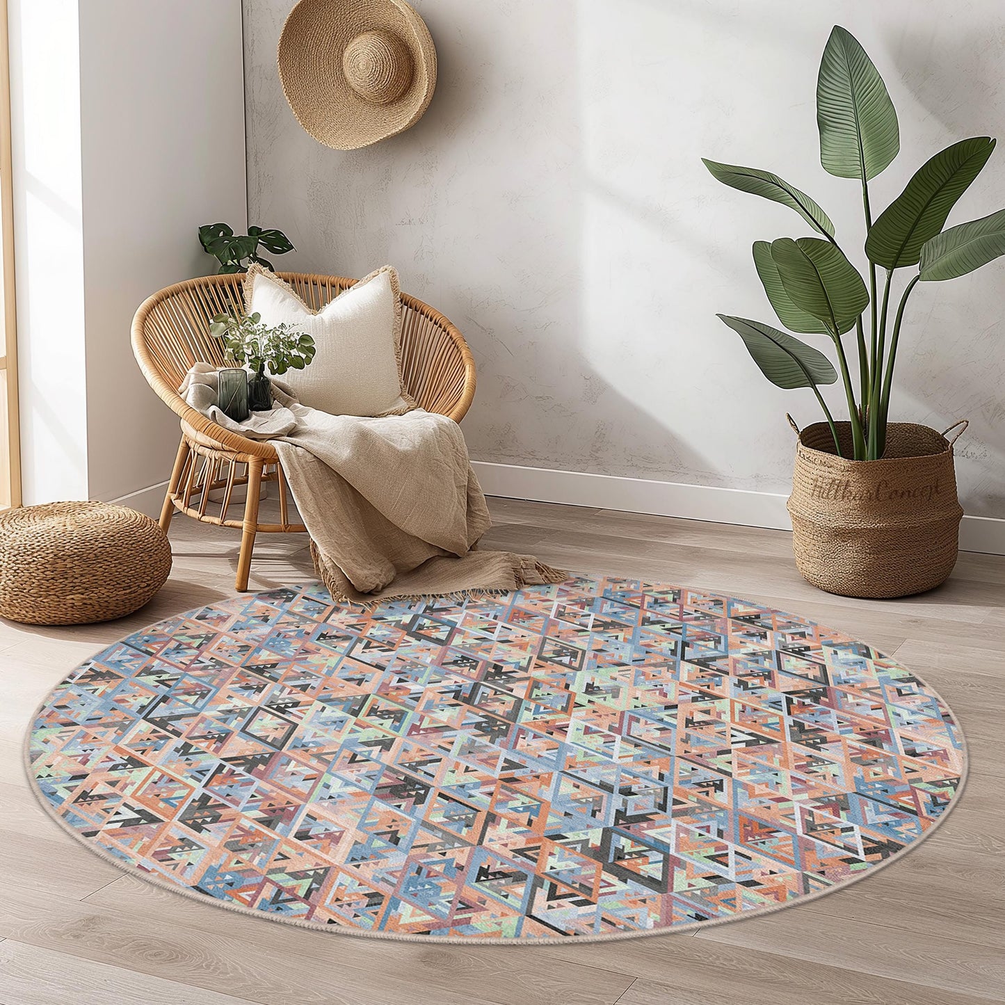 Geometrischer runder Teppich: Moderner Boho-Wohnzimmerteppich