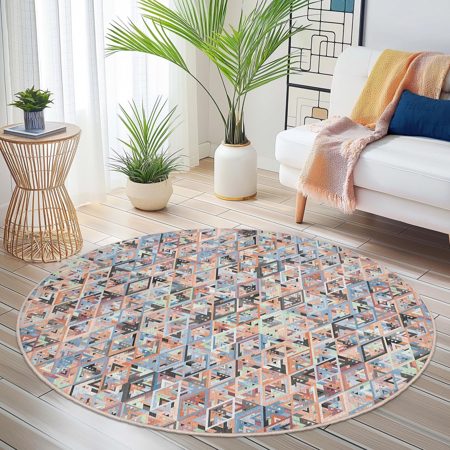Geometrischer runder Teppich: Moderner Boho-Wohnzimmerteppich
