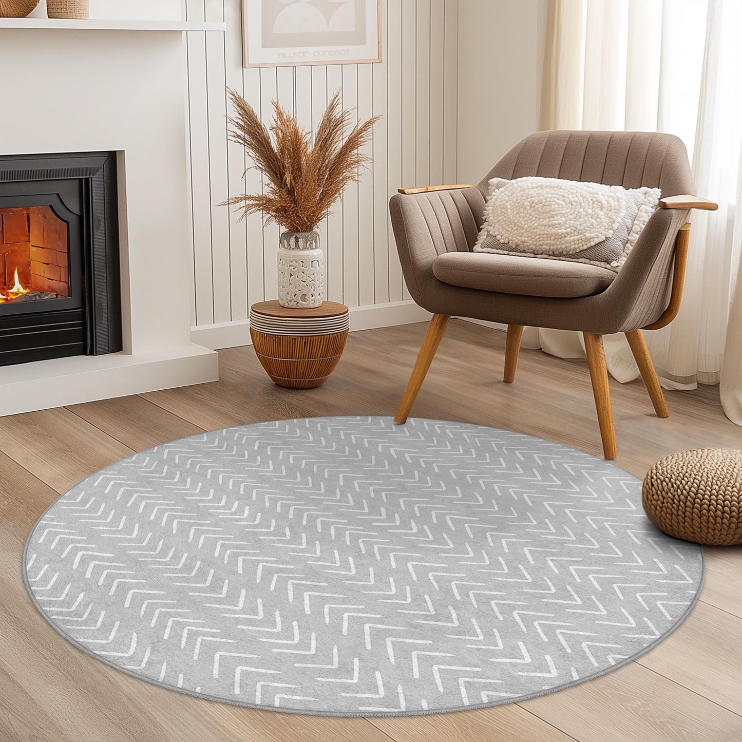Stilvoller runder Teppich mit grauem Pfeilmuster, moderner runder Teppich für das Wohnzimmer, weicher runder Teppich, zeitgenössische Wohndekoration