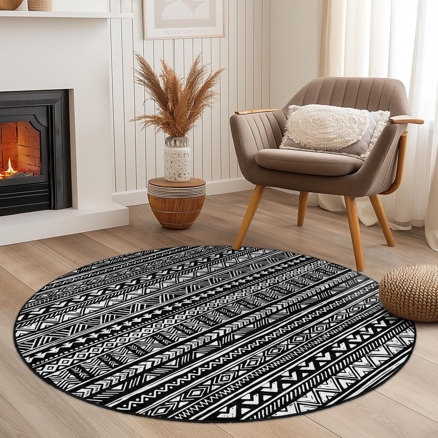 Tribal Pattern Round Area Rug, Black and White Geometric Round Carpet, Boho Chic Round Rug for Living Room, Modern Home Decor