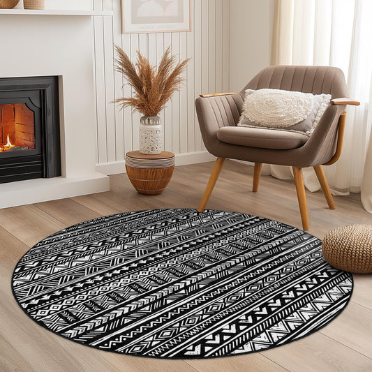 Tribal Pattern Round Area Rug, Black and White Geometric Round Carpet, Boho Chic Round Rug for Living Room, Modern Home Decor