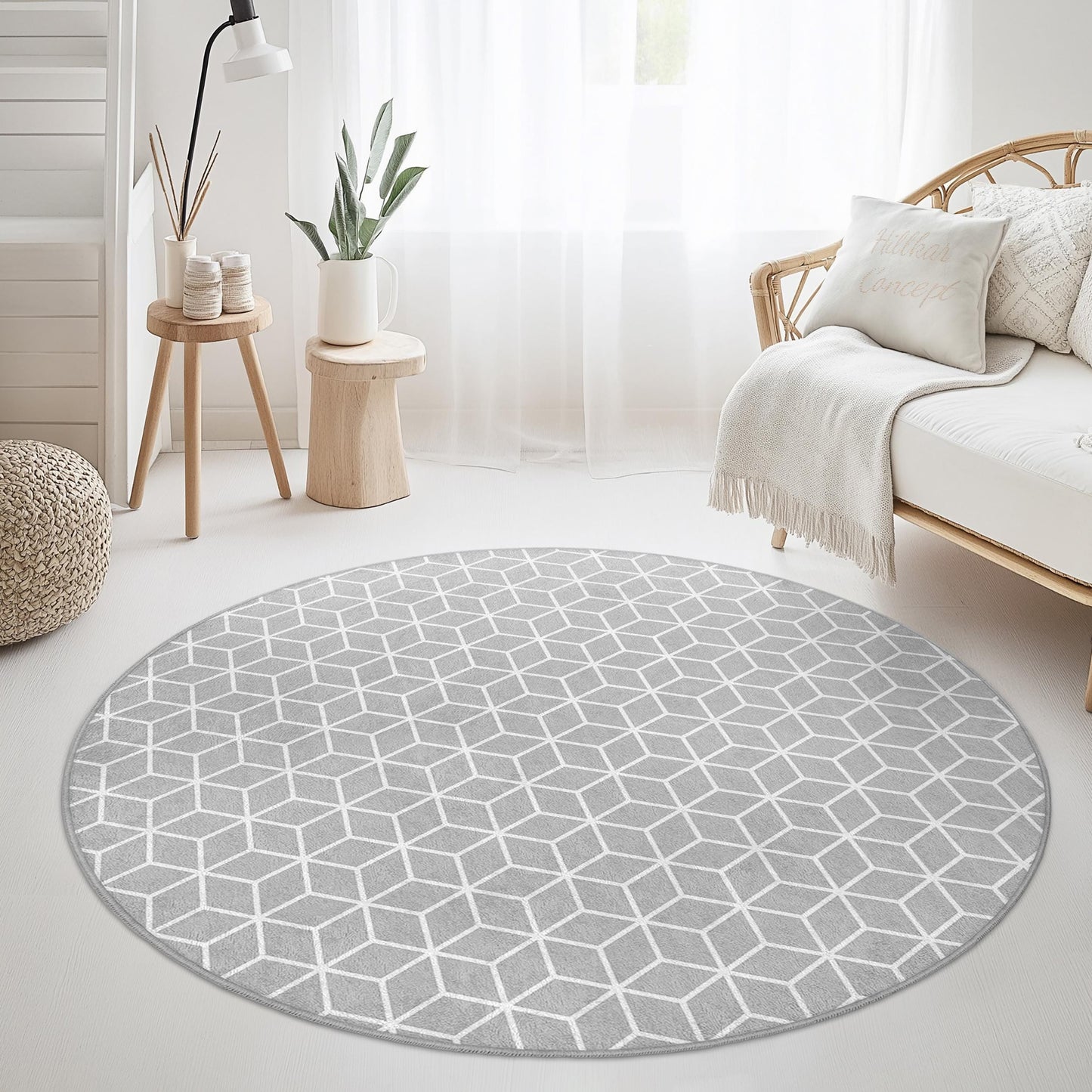 Geometrischer runder Teppich, stilvoller grauer Teppich mit Wabenmuster, moderne Wohndekoration, runder Teppich für Wohnzimmer, Schlafzimmer, Büro