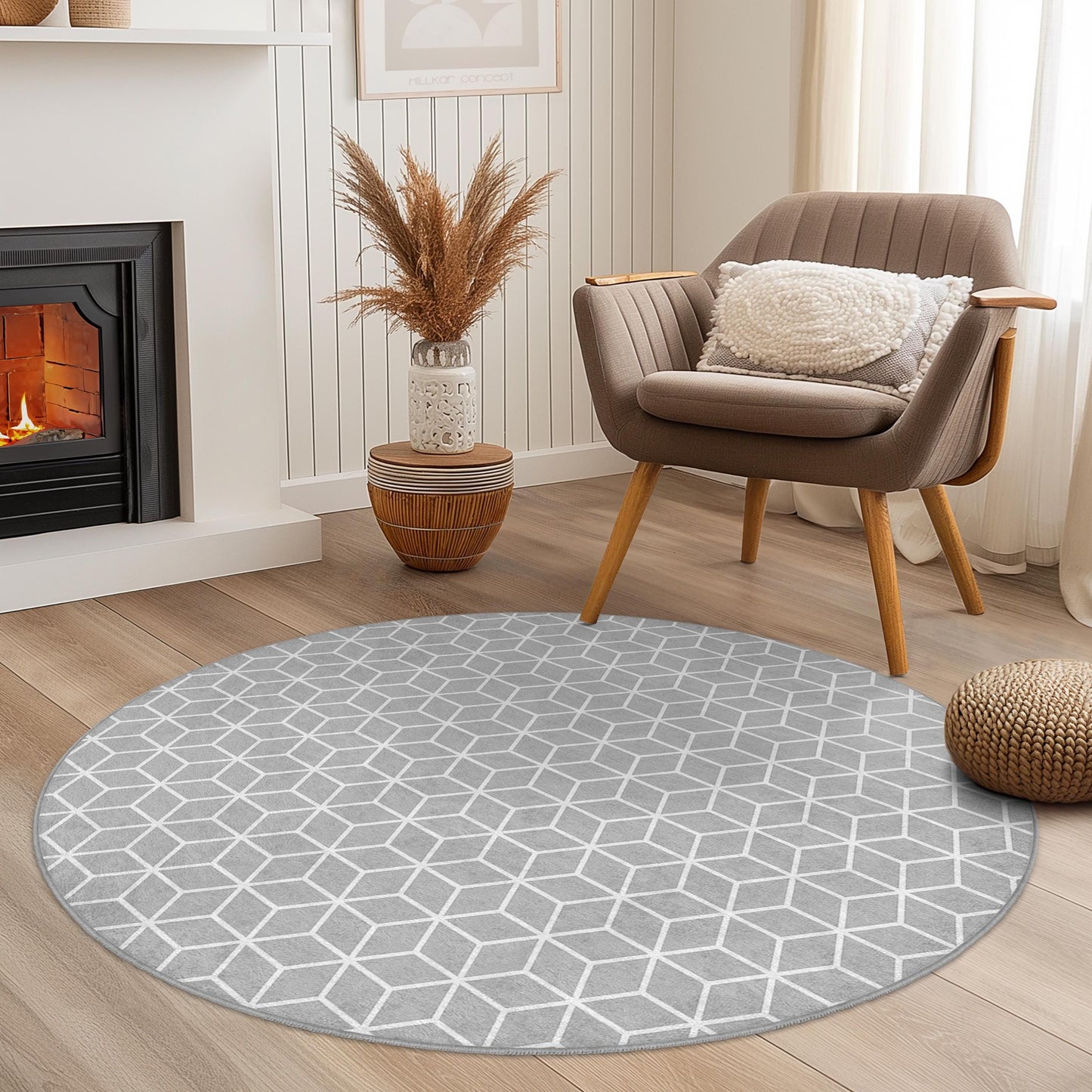 Geometrischer runder Teppich, stilvoller grauer Teppich mit Wabenmuster, moderne Wohndekoration, runder Teppich für Wohnzimmer, Schlafzimmer, Büro