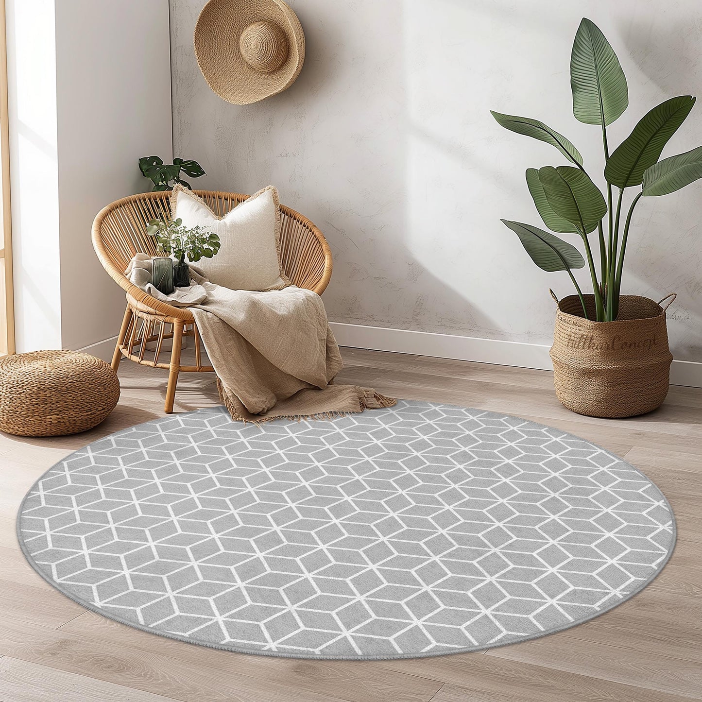 Geometrischer runder Teppich, stilvoller grauer Teppich mit Wabenmuster, moderne Wohndekoration, runder Teppich für Wohnzimmer, Schlafzimmer, Büro