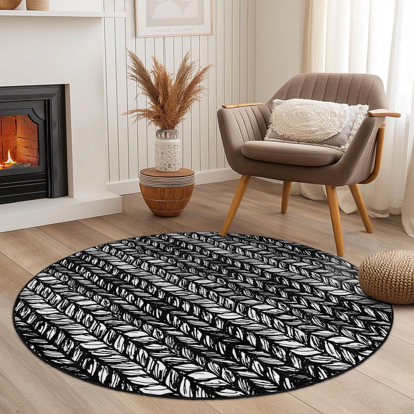 Runder Teppich mit Blattmuster, schwarz-weißes Blattdesign, moderner runder Teppich, stilvolle Wohndekoration, Wohnzimmerteppich, runder Teppich für den Innenbereich