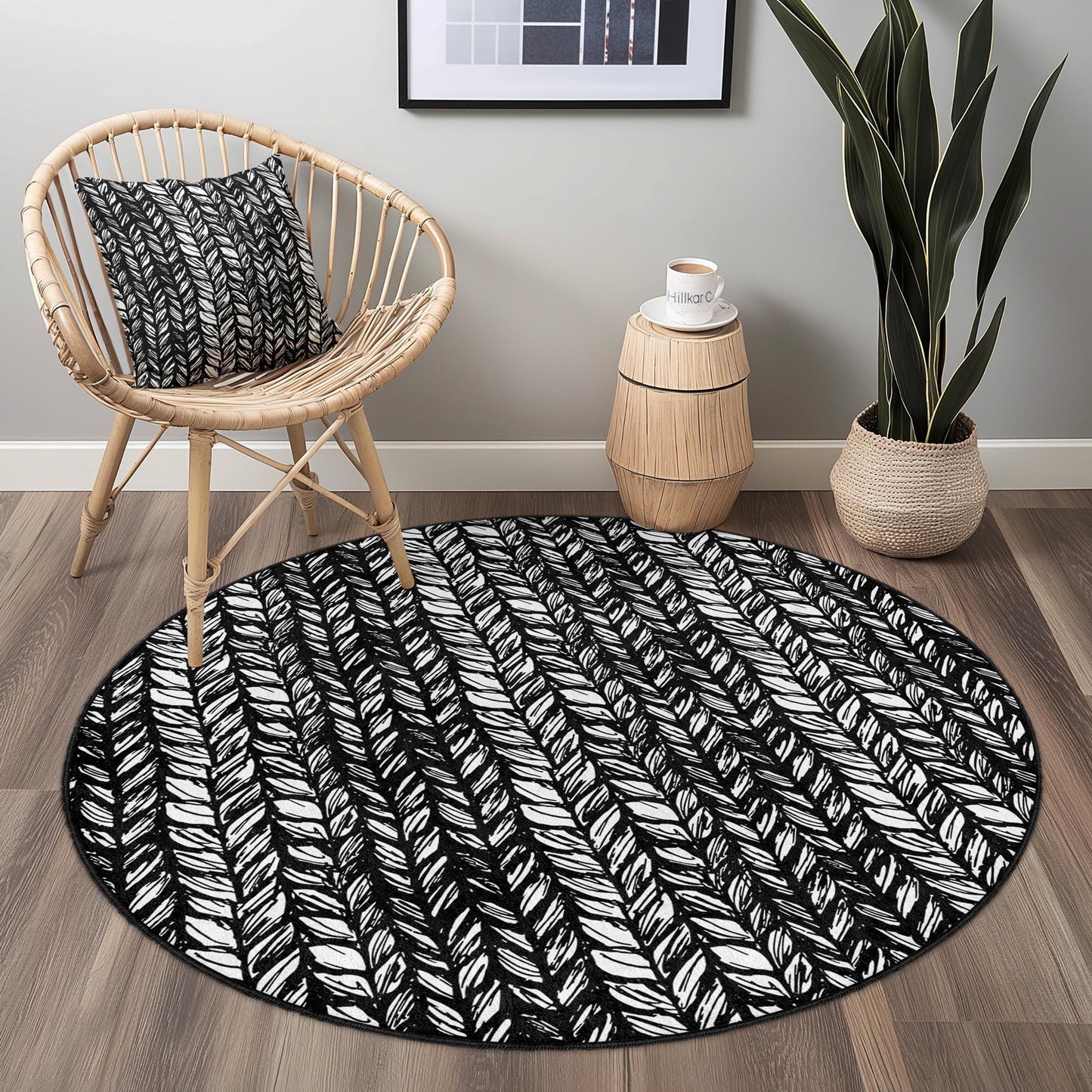 Runder Teppich mit Blattmuster, schwarz-weißes Blattdesign, moderner runder Teppich, stilvolle Wohndekoration, Wohnzimmerteppich, runder Teppich für den Innenbereich