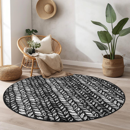 Leaf Pattern Round Area Rug, Black and White Leaf Design, Modern Round Carpet, Stylish Home Decor, Living Room Rug, Indoor Round Rug