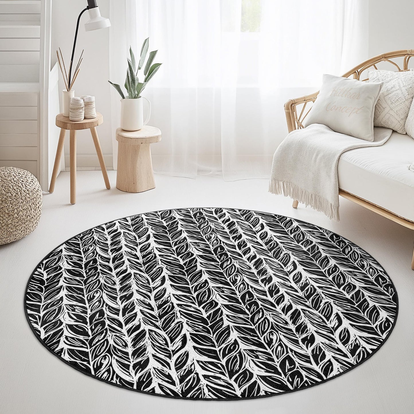 Eleganter runder Teppich mit Blattmuster, moderner runder Teppich in Schwarz-Weiß, dekorativer runder Teppich für Wohnzimmer, Schlafzimmer und andere Wohnbereiche