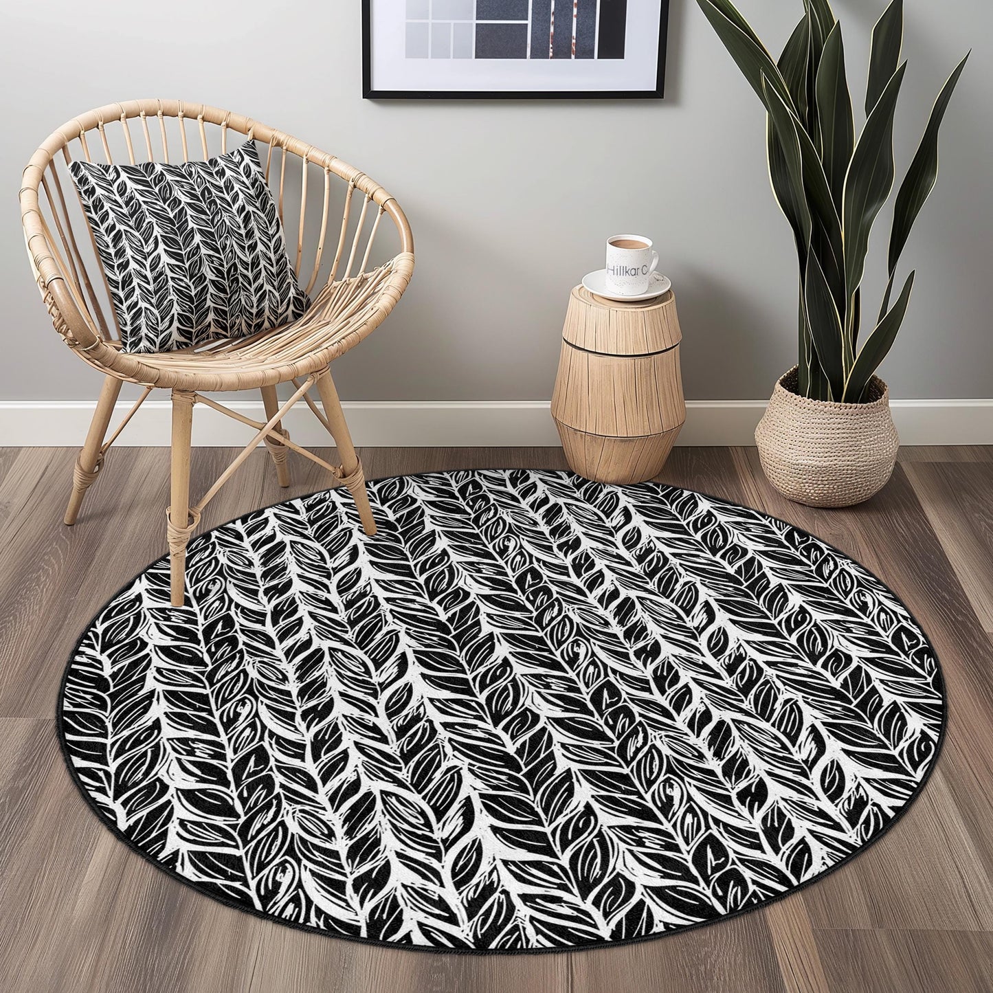 Eleganter runder Teppich mit Blattmuster, moderner runder Teppich in Schwarz-Weiß, dekorativer runder Teppich für Wohnzimmer, Schlafzimmer und andere Wohnbereiche