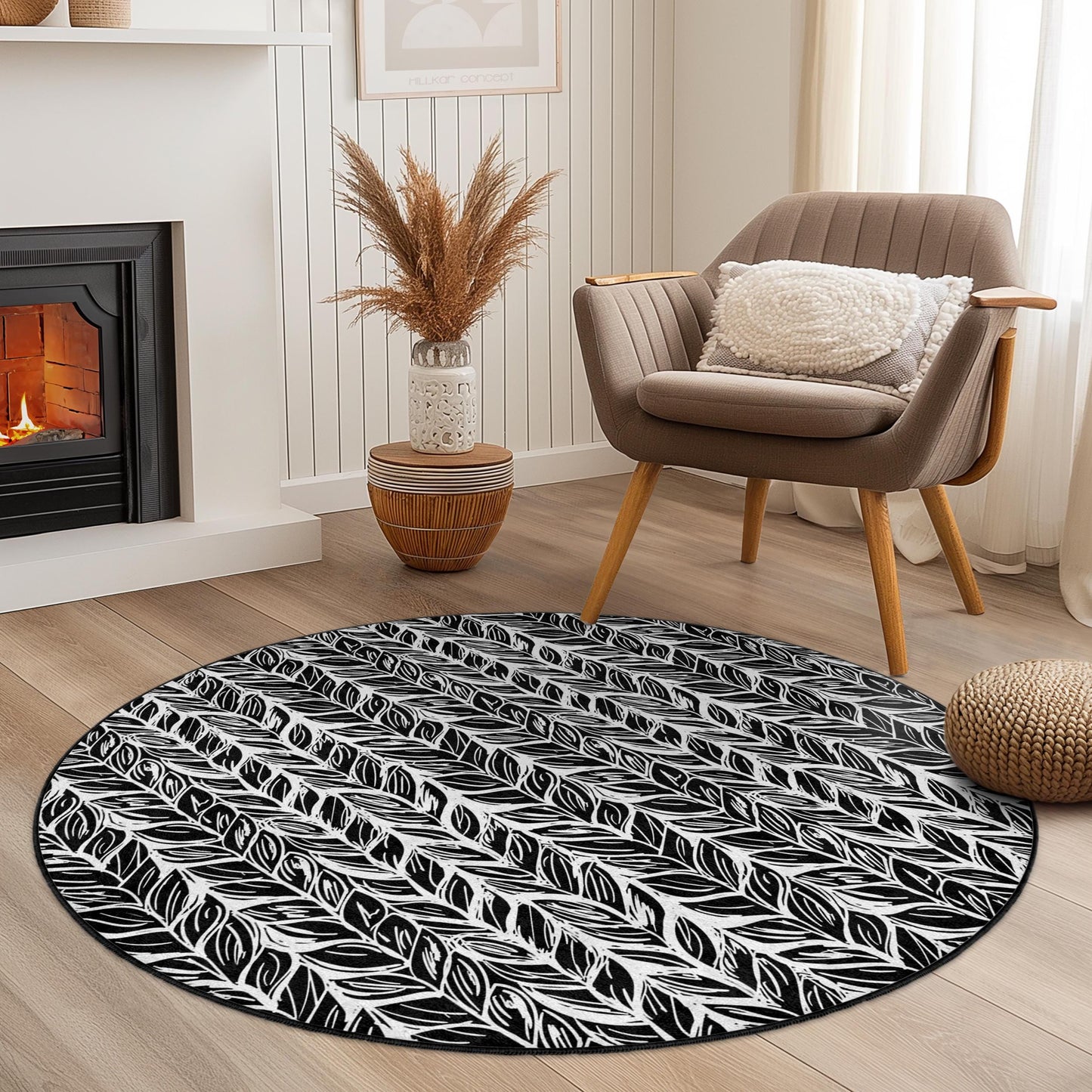 Elegant Leaf Pattern Round Area Rug, Modern Black and White Round Carpet, Decorative Round Rug for Living Room, Bedroom, Home Decor