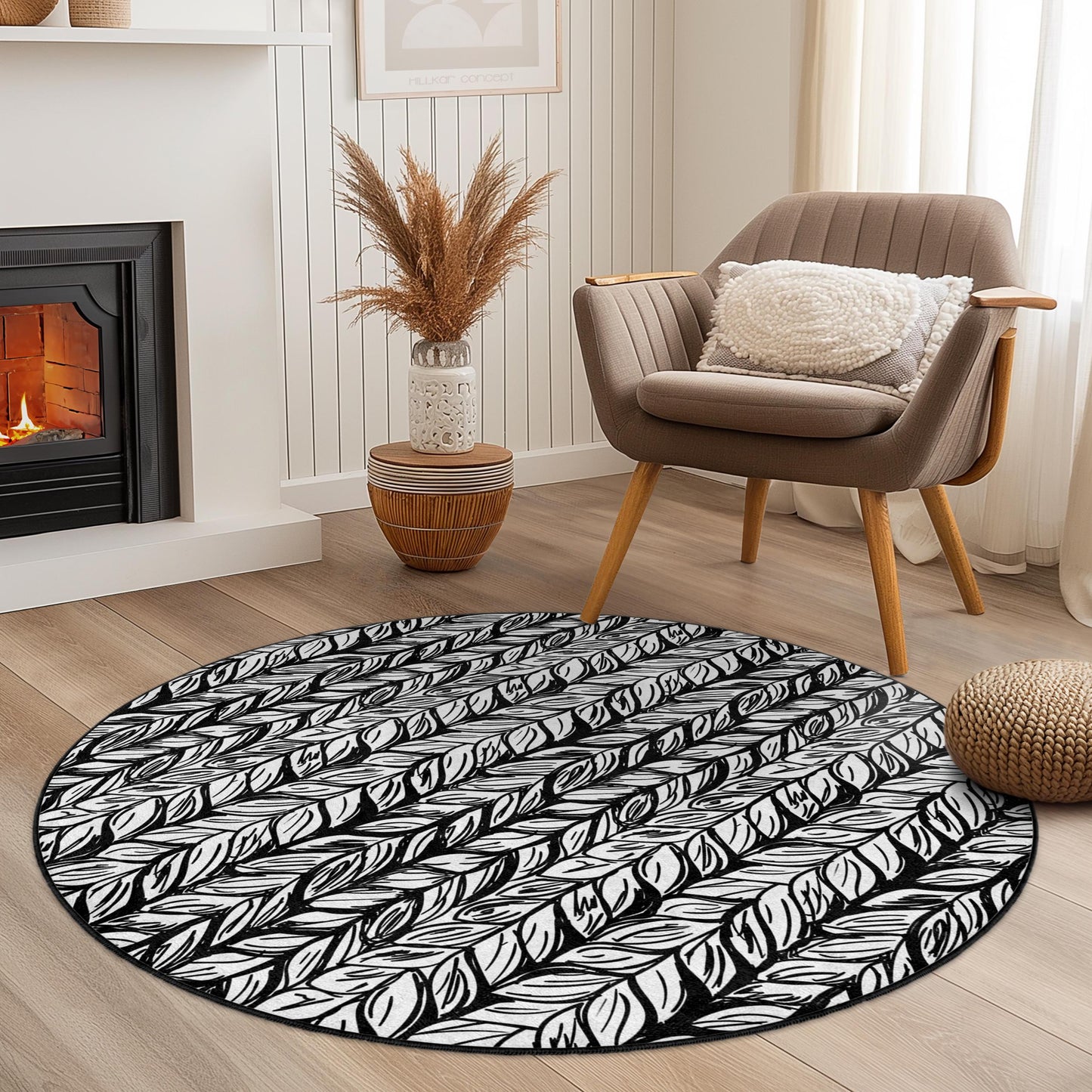 Runder Teppich mit schwarz-weißem Blattmuster, stilvoller Teppich mit Blattdesign, moderner Wohnzimmerteppich, naturnahe Dekoration, Boho-Rundteppich
