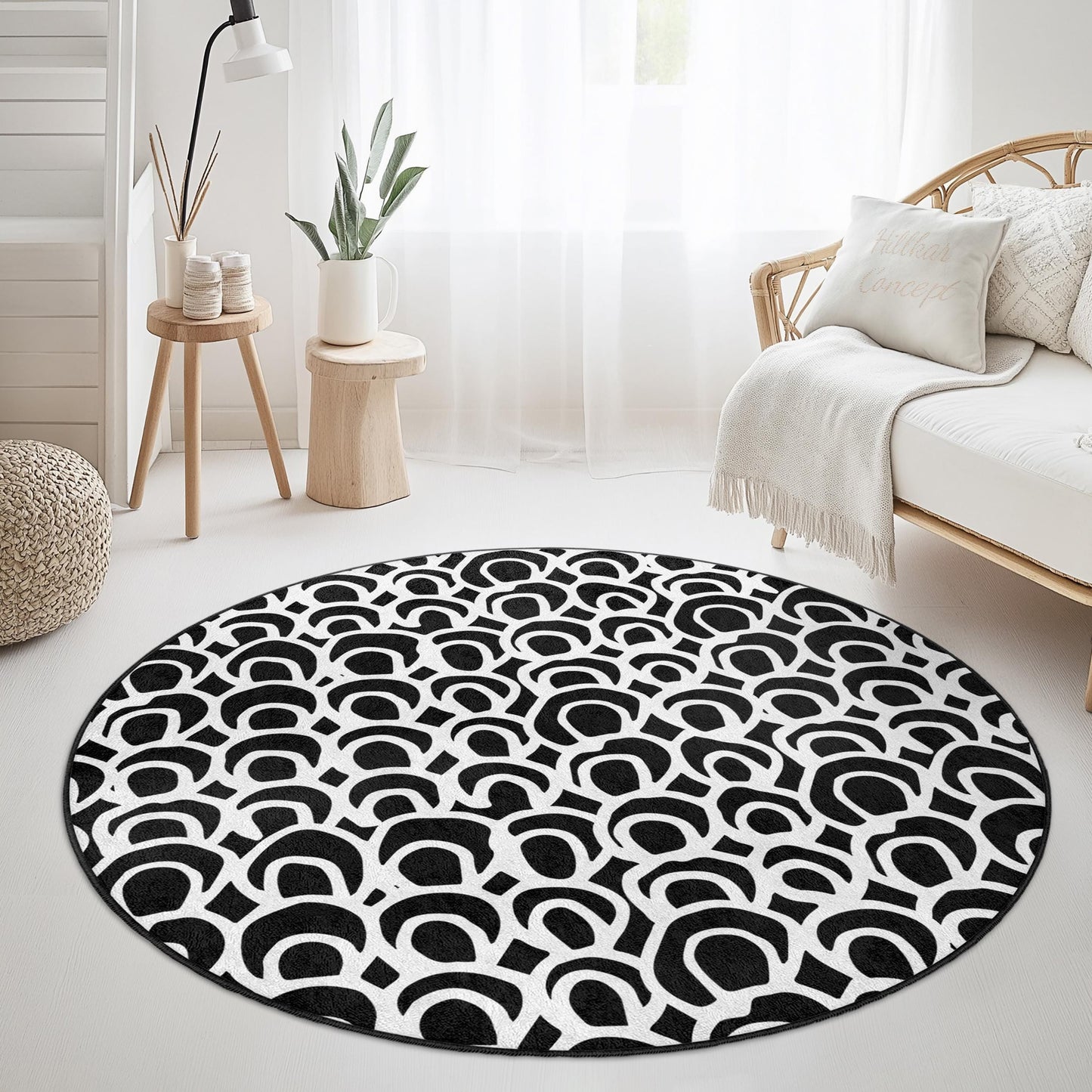 Moderner runder Teppich in Schwarz-Weiß, stilvoller runder Teppich, zeitgenössischer Designteppich für Wohnzimmer, Schlafzimmer und Wohnbereich