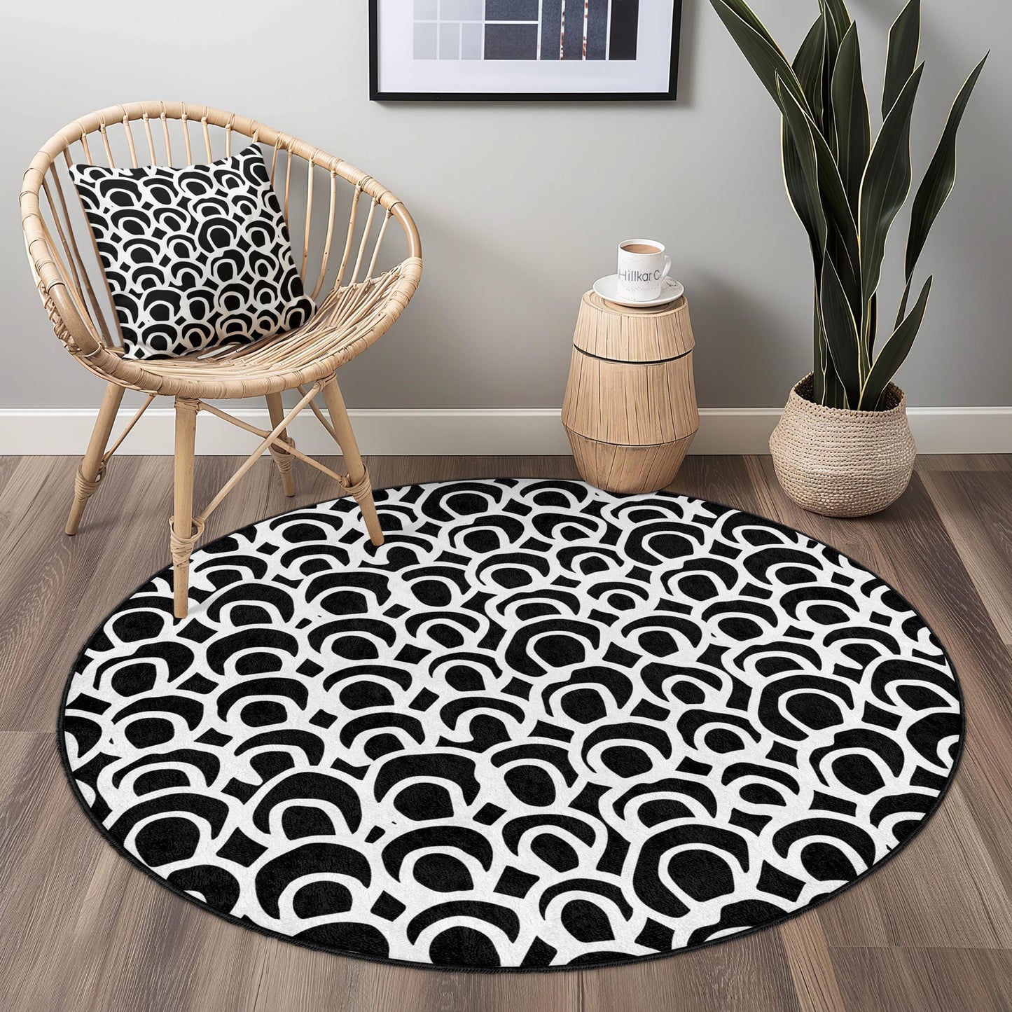 Moderner runder Teppich in Schwarz-Weiß, stilvoller runder Teppich, zeitgenössischer Designteppich für Wohnzimmer, Schlafzimmer und Wohnbereich