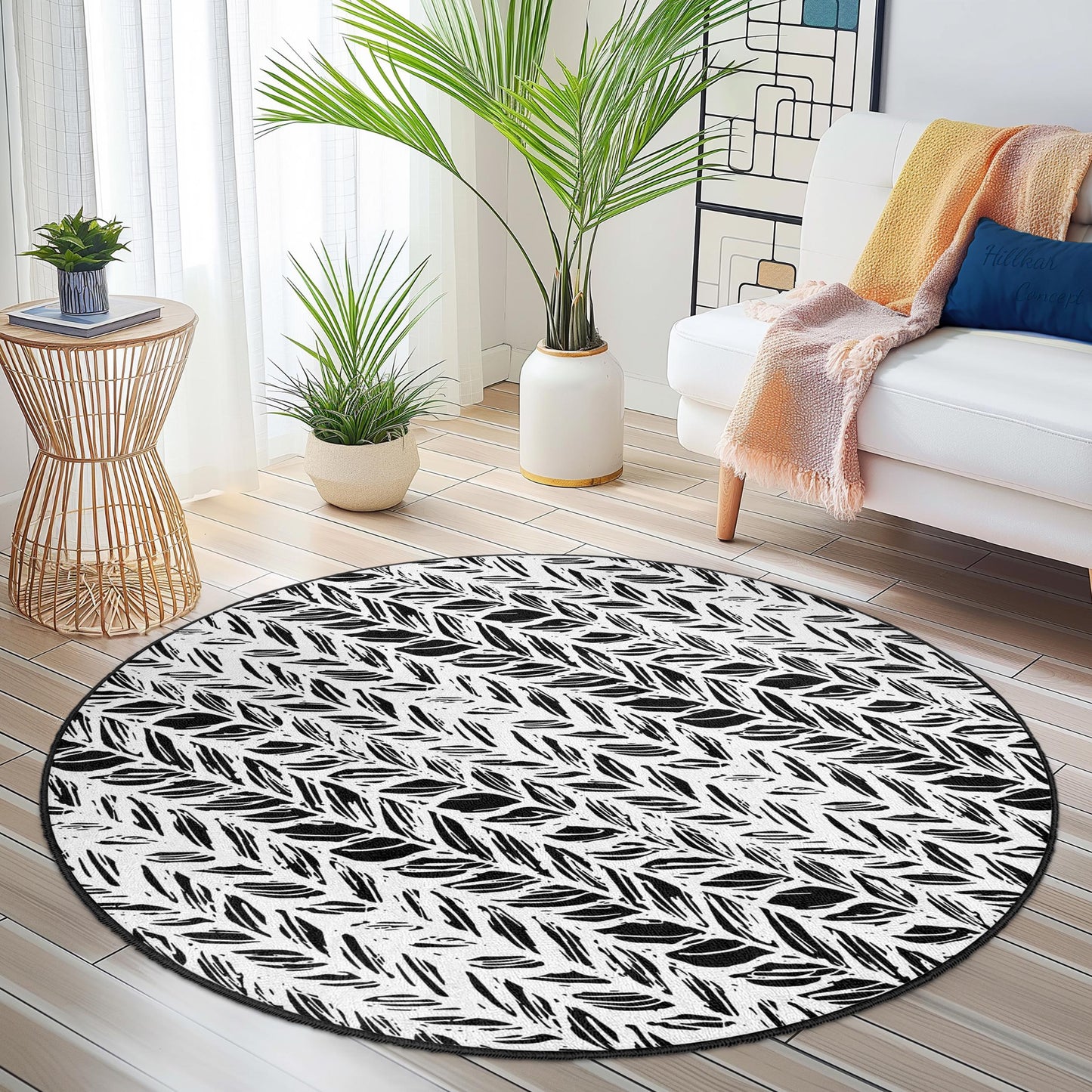 Runder Teppich mit Blattmuster, moderner runder Teppich fürs Wohnzimmer, Boho-Chic-Dekor, weicher runder Teppich für Zuhause, runde Matte für drinnen
