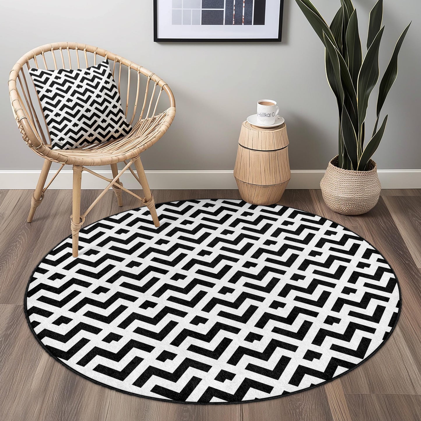 Geometrischer runder Teppich in Schwarz-Weiß, moderner Boho-Teppich, stilvoller runder Teppich für Wohnzimmer, Schlafzimmer, Wohnbereich