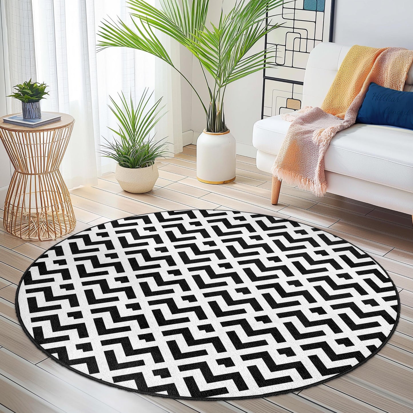 Geometrischer runder Teppich in Schwarz-Weiß, moderner Boho-Teppich, stilvoller runder Teppich für Wohnzimmer, Schlafzimmer, Wohnbereich