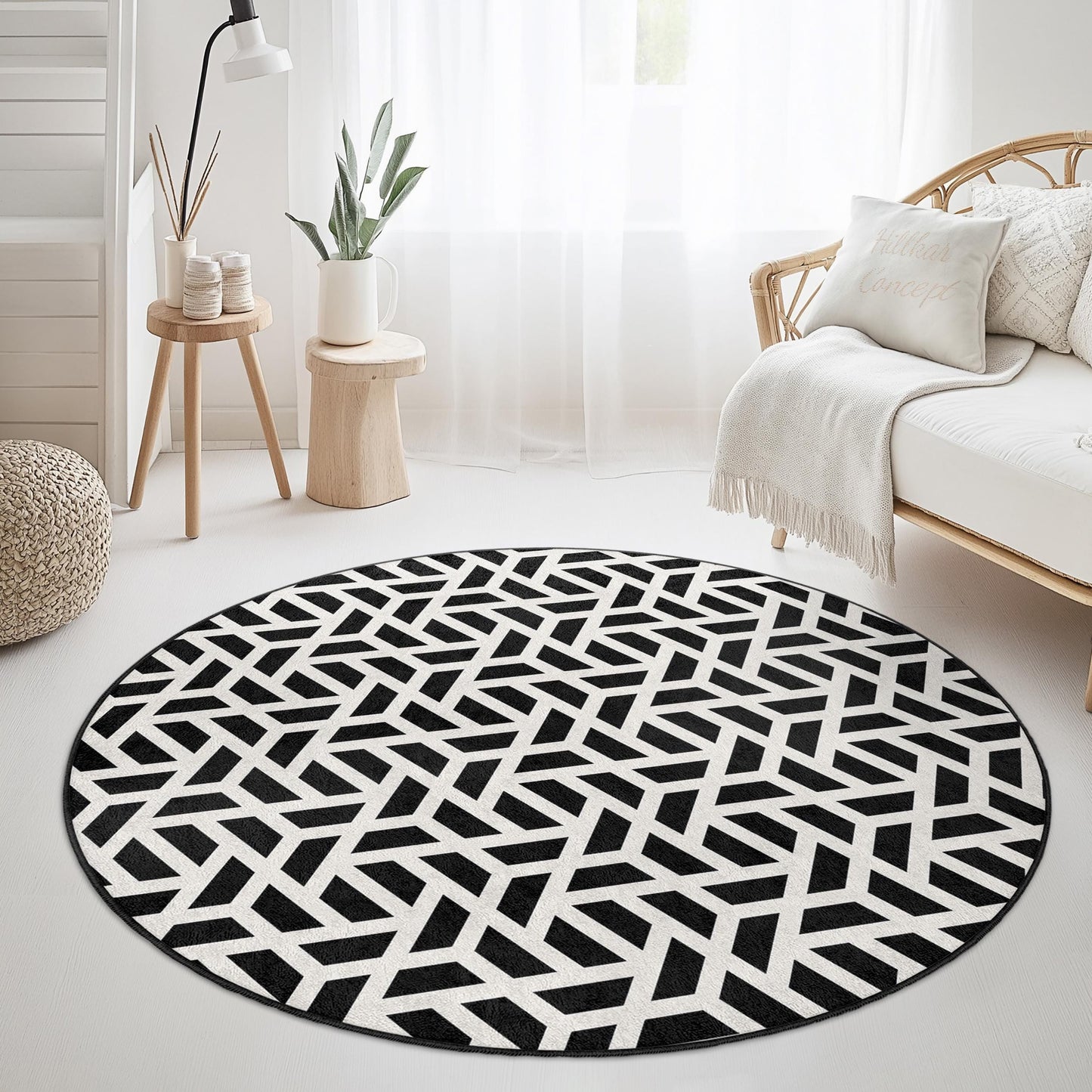 Geometrischer runder Teppich in Schwarz-Weiß, moderner runder Teppich, stilvolle Wohndekoration, Wohnzimmerteppich, schicker Teppich, zeitgenössisches Design
