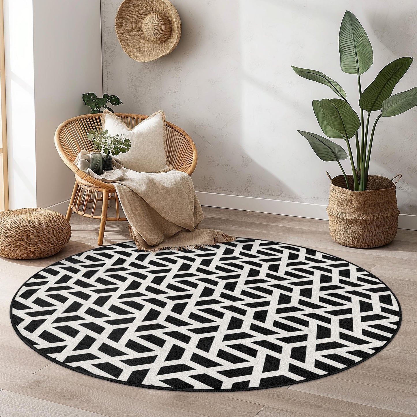 Geometrischer runder Teppich in Schwarz-Weiß, moderner runder Teppich, stilvolle Wohndekoration, Wohnzimmerteppich, schicker Teppich, zeitgenössisches Design