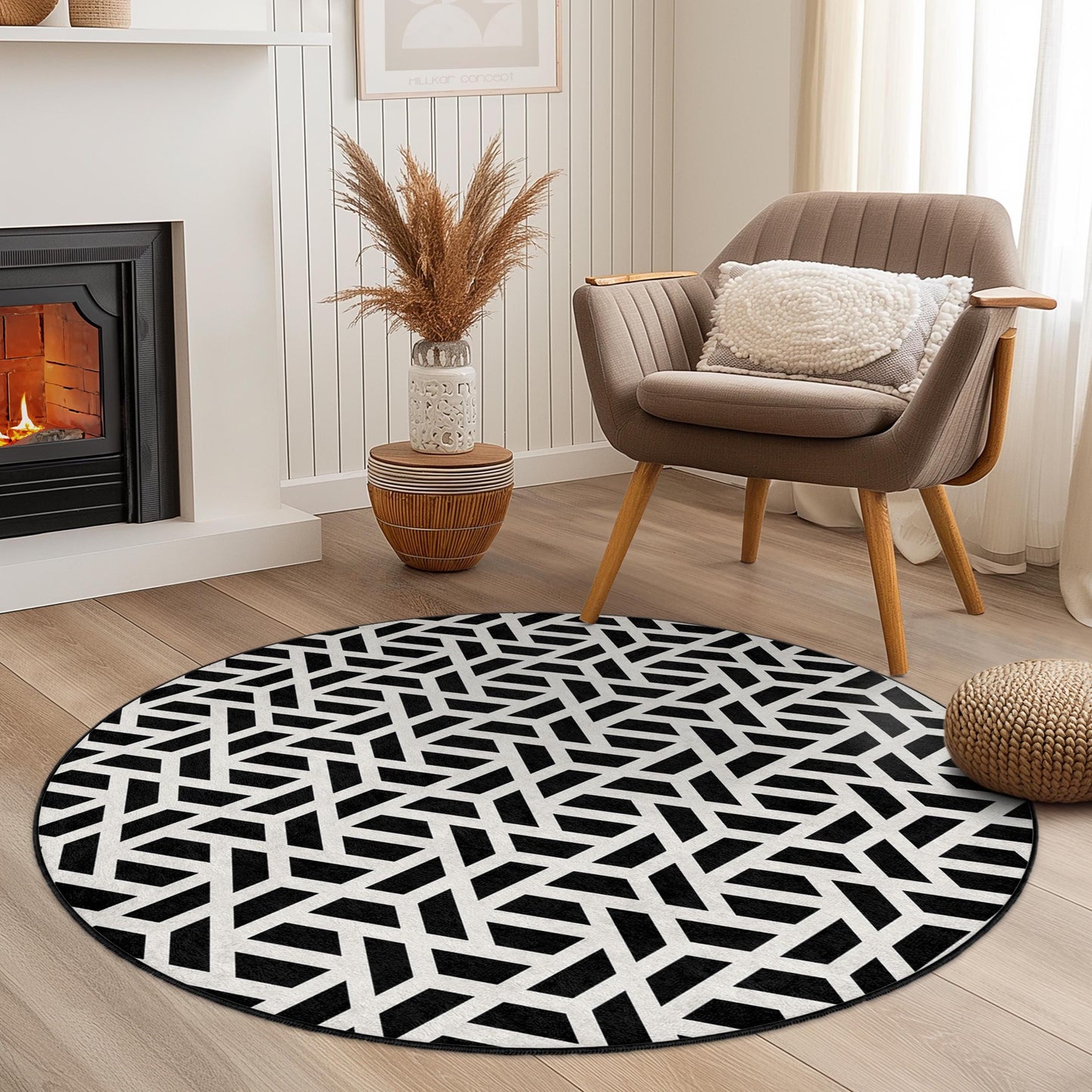 Geometrischer runder Teppich in Schwarz-Weiß, moderner runder Teppich, stilvolle Wohndekoration, Wohnzimmerteppich, schicker Teppich, zeitgenössisches Design