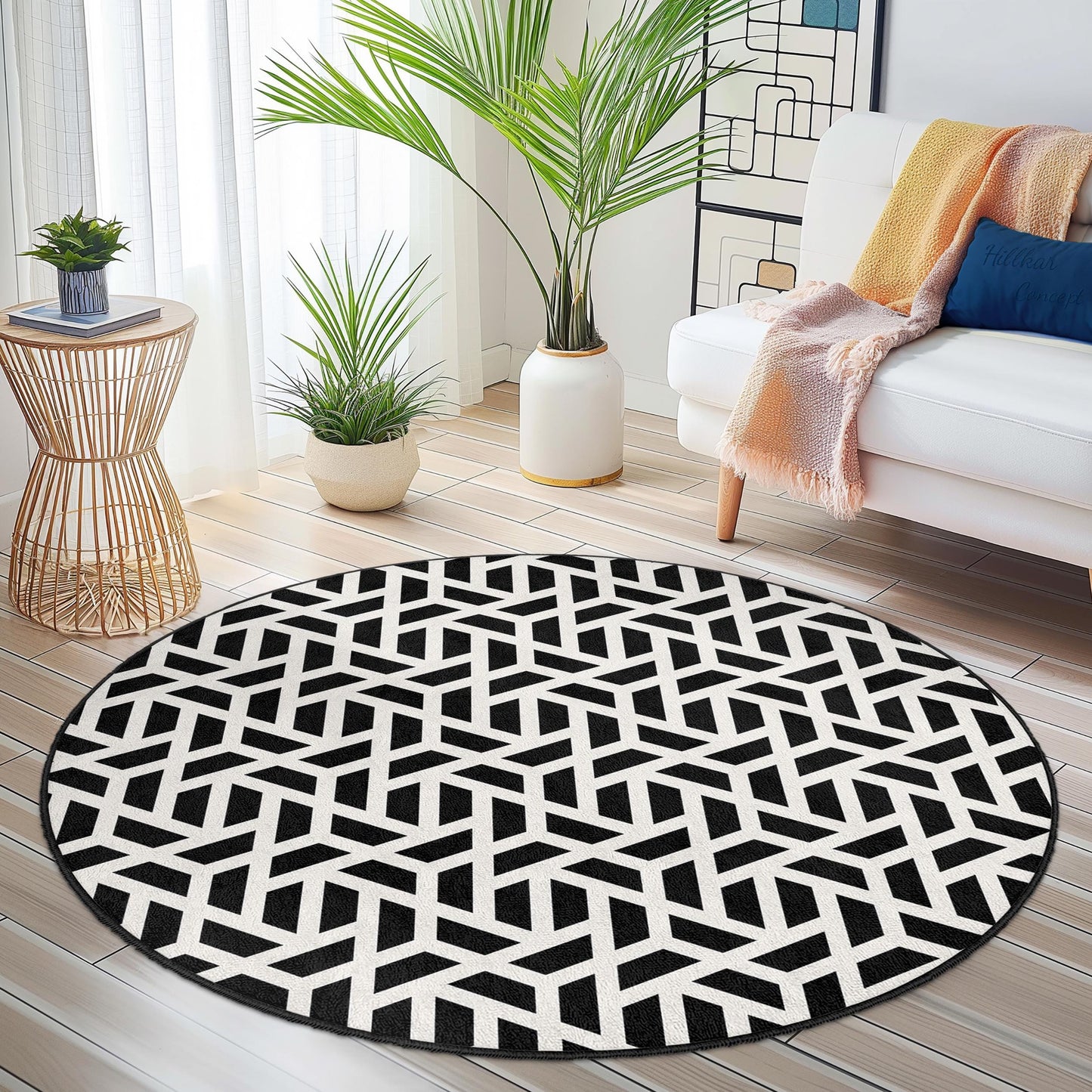 Geometrischer runder Teppich in Schwarz-Weiß, moderner runder Teppich, stilvolle Wohndekoration, Wohnzimmerteppich, schicker Teppich, zeitgenössisches Design