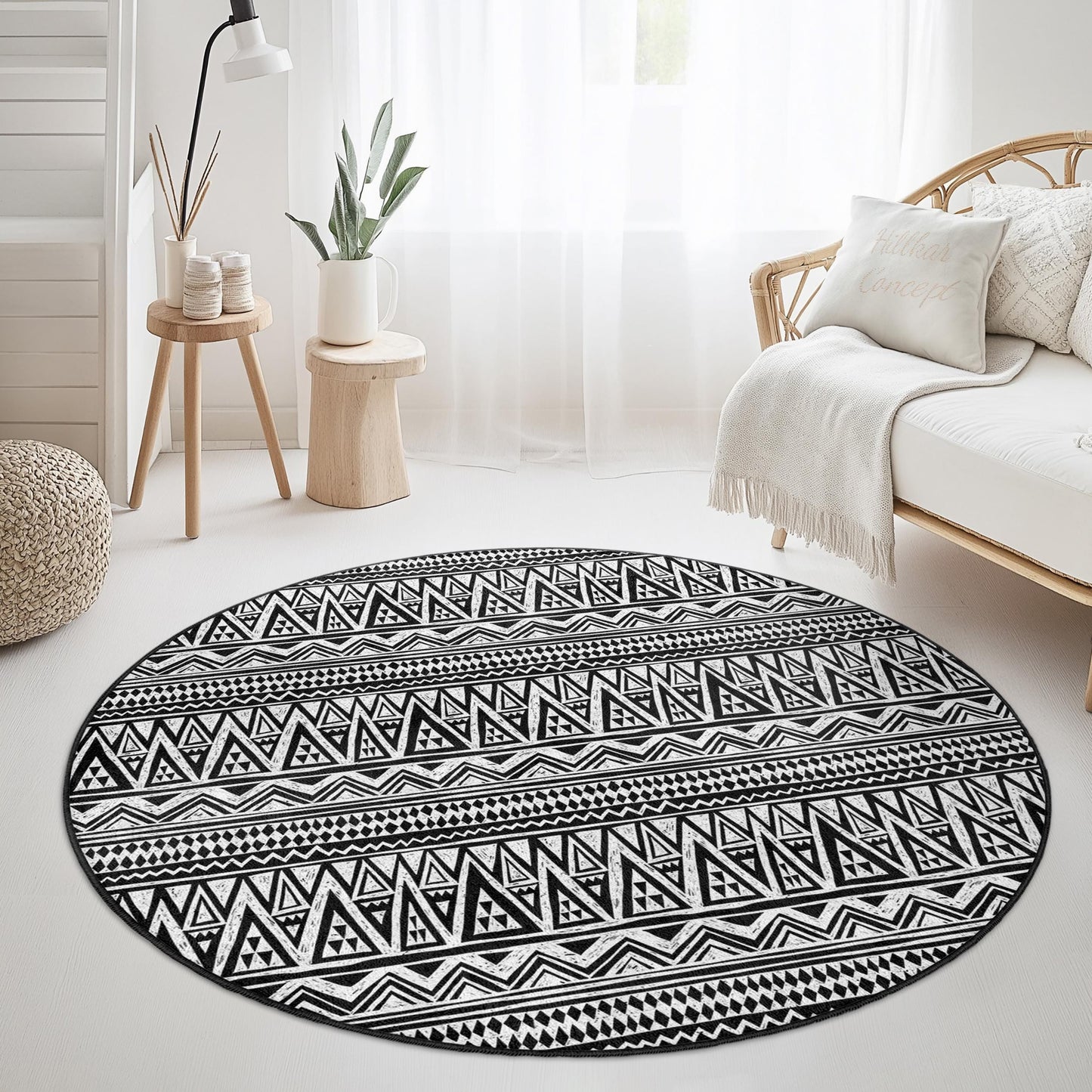 Runder Teppich mit geometrischem Muster, schwarz-weißer Kreisteppich, modernes Dekor für Wohnzimmer und Schlafzimmer, runder Teppich im Boho-Stil