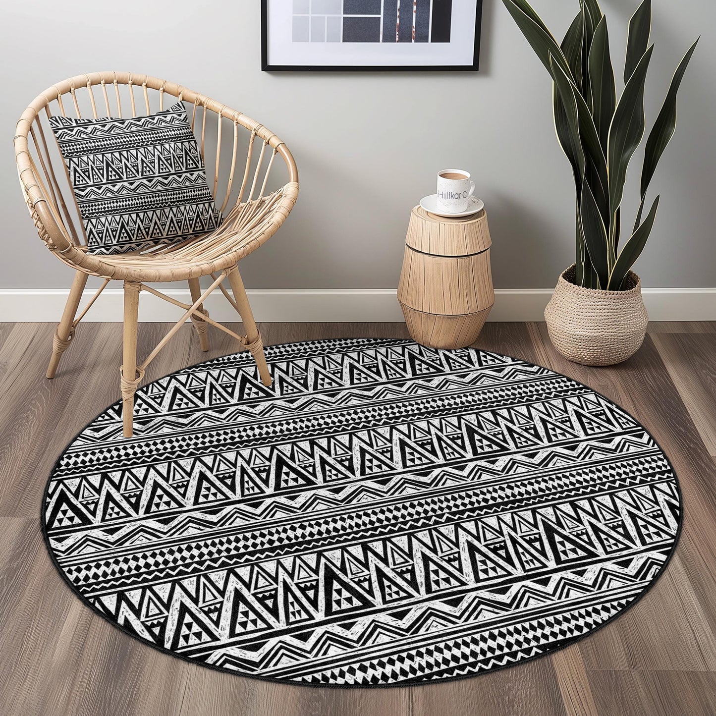 Runder Teppich mit geometrischem Muster, schwarz-weißer Kreisteppich, modernes Dekor für Wohnzimmer und Schlafzimmer, runder Teppich im Boho-Stil