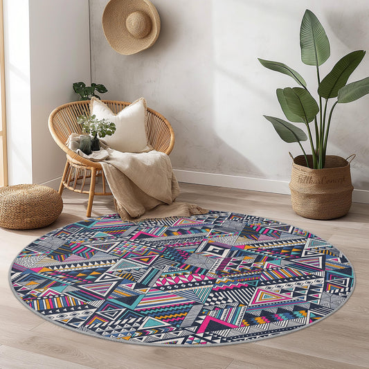 Geometric Pattern Round Area Rug, Colorful Bohemian Circle Carpet, Modern Round Rug for Living Room, Bedroom, or Office Decor