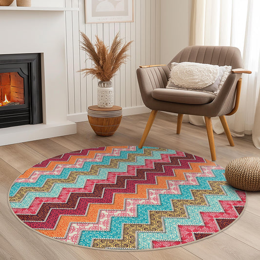 Chevron Pattern Round Area Rug, Colorful Zigzag Round Rug for Living Room, Bohemian Decor, Soft Round Carpet for Home
