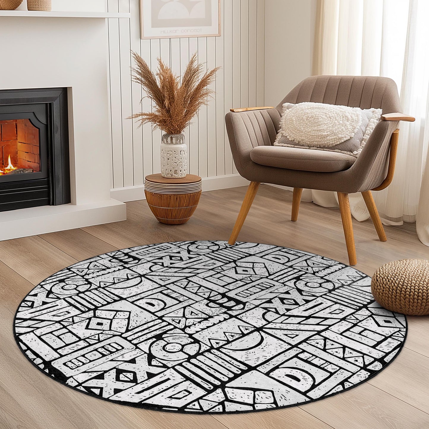 Runder Teppich mit geometrischem Muster, moderner runder Teppich für das Wohnzimmer, stilvolle Wohndekoration, einzigartige runde Fußmatte