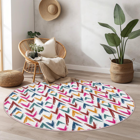 Colorful Zigzag Pattern Round Area Rug, Vibrant Round Carpet for Living Room, Decorative Round Rug, Modern Home Decor