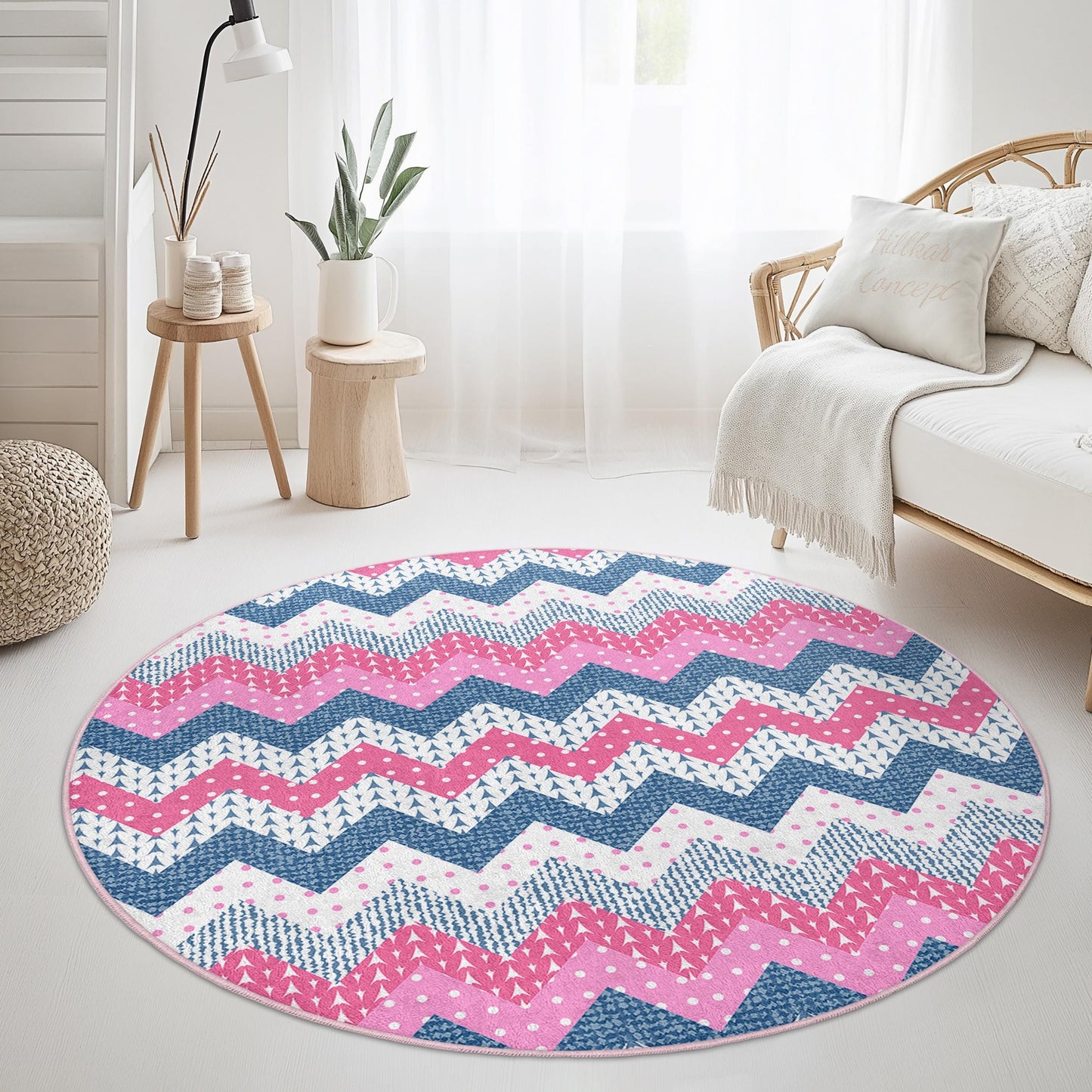 Runder Teppich mit Chevron-Muster, rosa-blauer Zickzack-Teppich, moderner runder Teppich fürs Wohnzimmer, Boho-Chic-Wohndeko