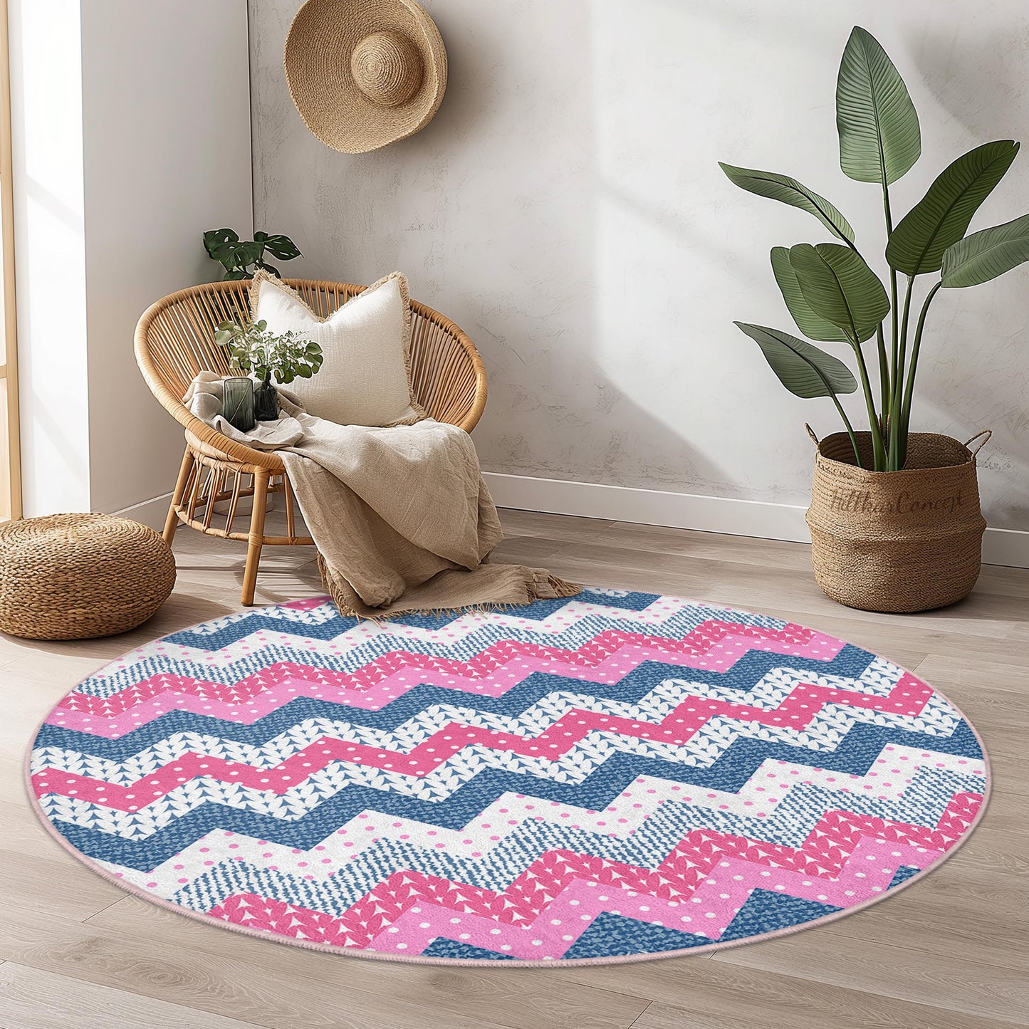 Runder Teppich mit Chevron-Muster, rosa-blauer Zickzack-Teppich, moderner runder Teppich fürs Wohnzimmer, Boho-Chic-Wohndeko