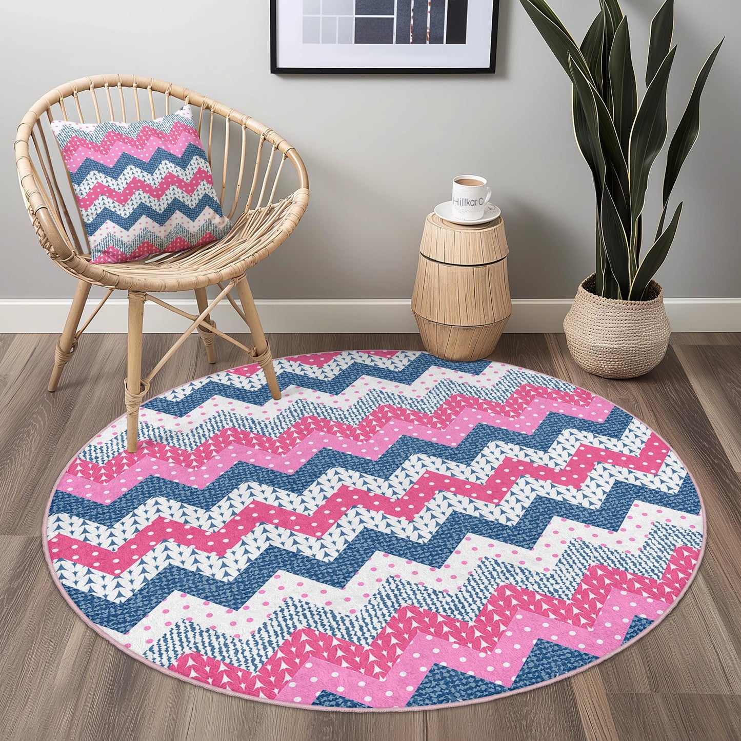 Runder Teppich mit Chevron-Muster, rosa-blauer Zickzack-Teppich, moderner runder Teppich fürs Wohnzimmer, Boho-Chic-Wohndeko