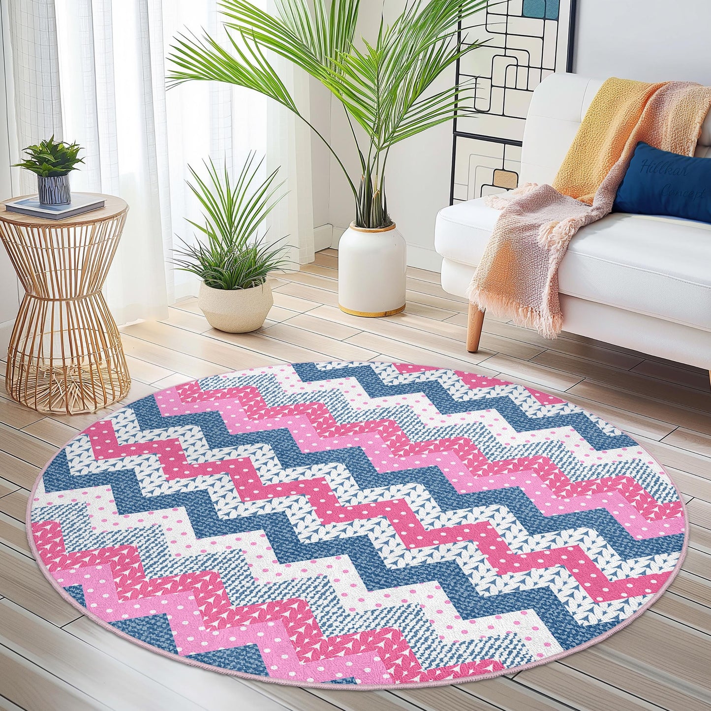 Runder Teppich mit Chevron-Muster, rosa-blauer Zickzack-Teppich, moderner runder Teppich fürs Wohnzimmer, Boho-Chic-Wohndeko
