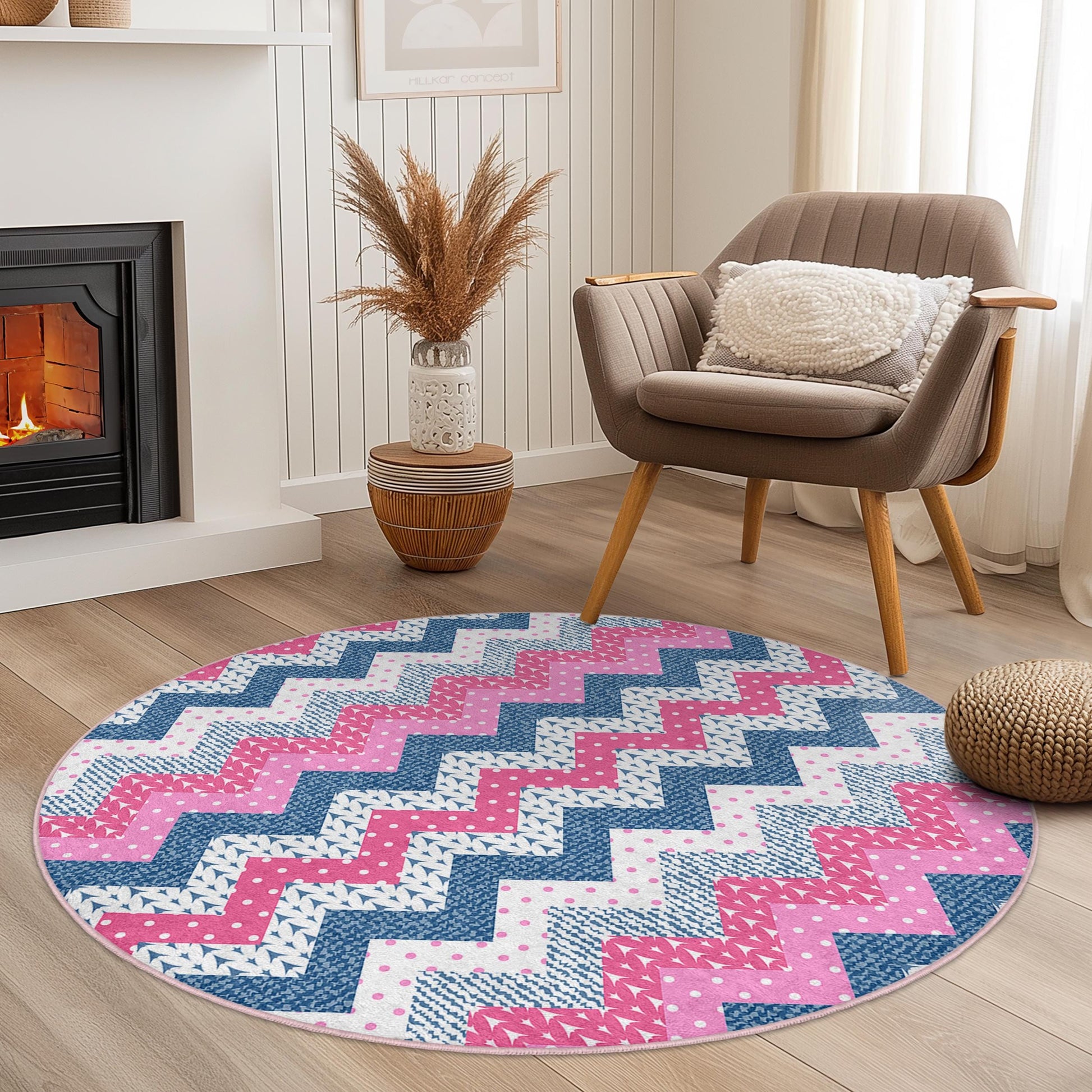 Chevron Pattern Round Area Rug, Pink and Blue Zigzag Rug, Modern Round Carpet for Living Room, Boho Chic Home Decor