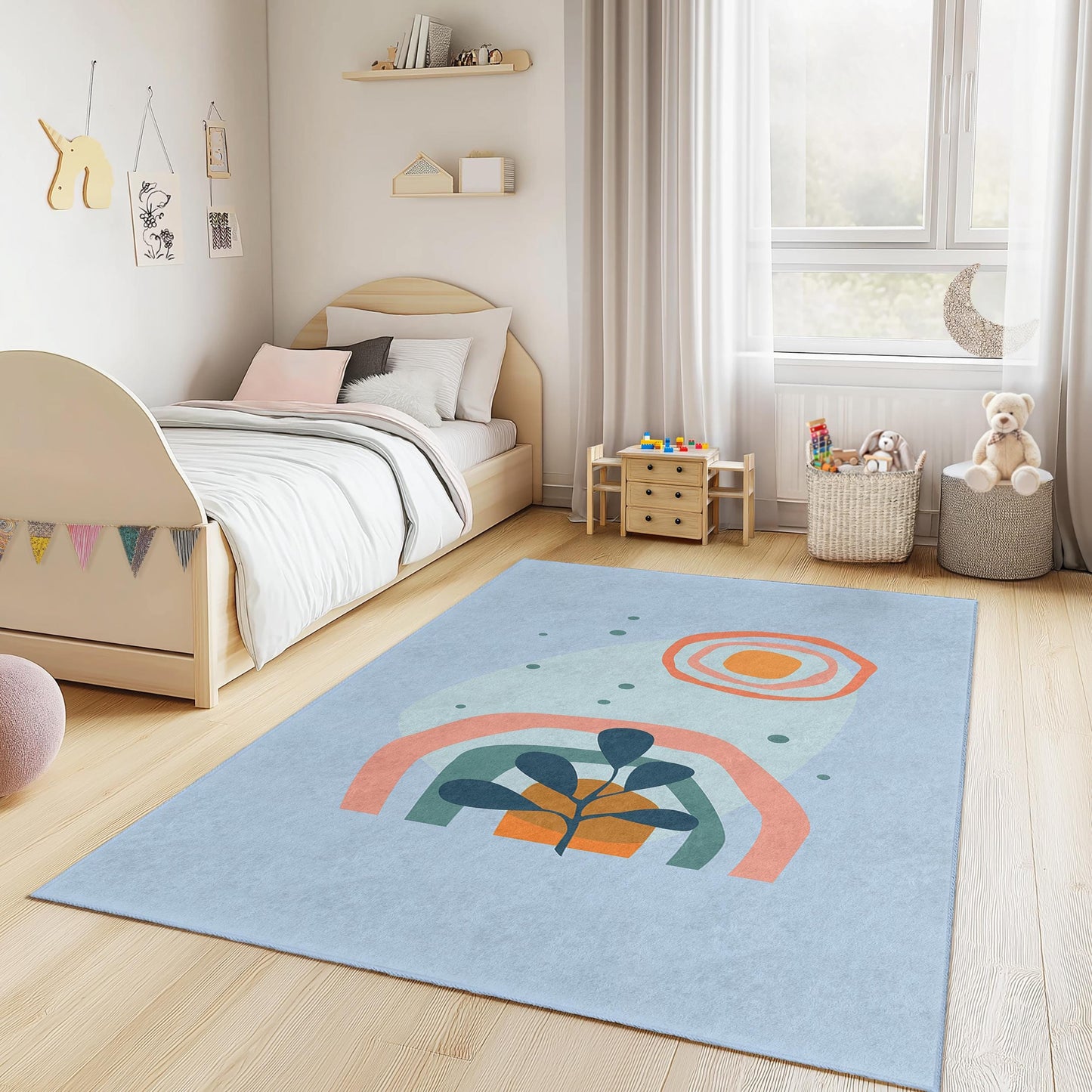 Rechteckiger Kinderzimmerteppich mit abstraktem Regenbogenmuster, farbenfroher Teppich fürs Kinderzimmer, moderne Kinderzimmerdekoration, gemütliche Spielmatte