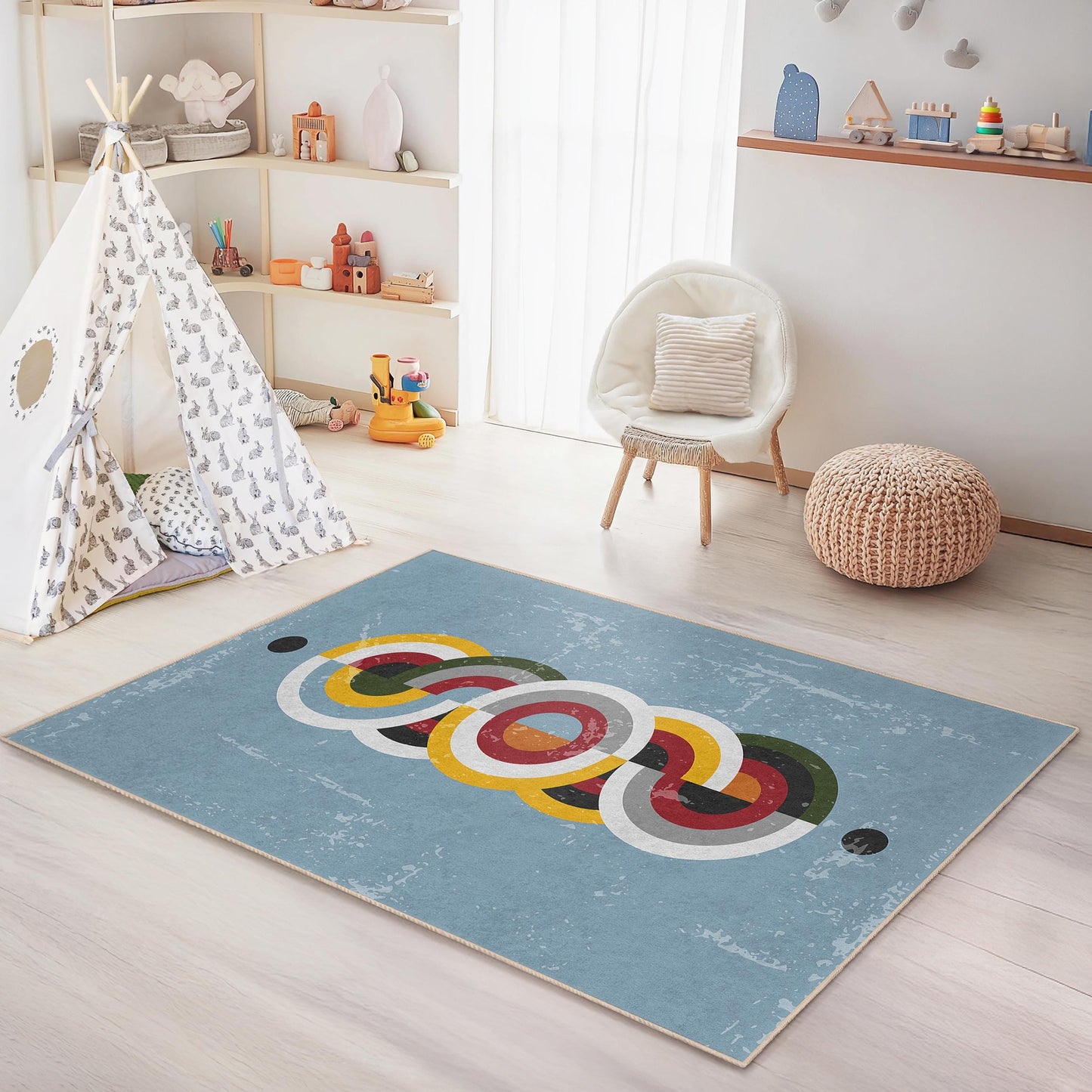 Bunter, geometrischer, runder Teppich, moderner Kinderzimmerteppich, rechteckige Spielmatte, Kinderzimmerdekoration, farbenfroher Kinderteppich