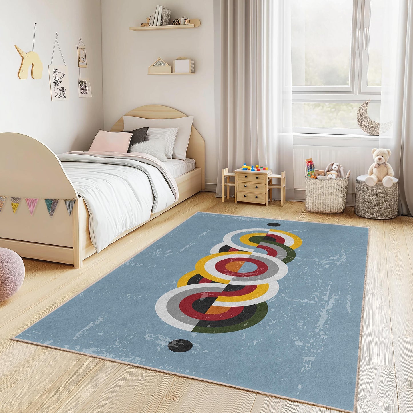 Bunter, geometrischer, runder Teppich, moderner Kinderzimmerteppich, rechteckige Spielmatte, Kinderzimmerdekoration, farbenfroher Kinderteppich