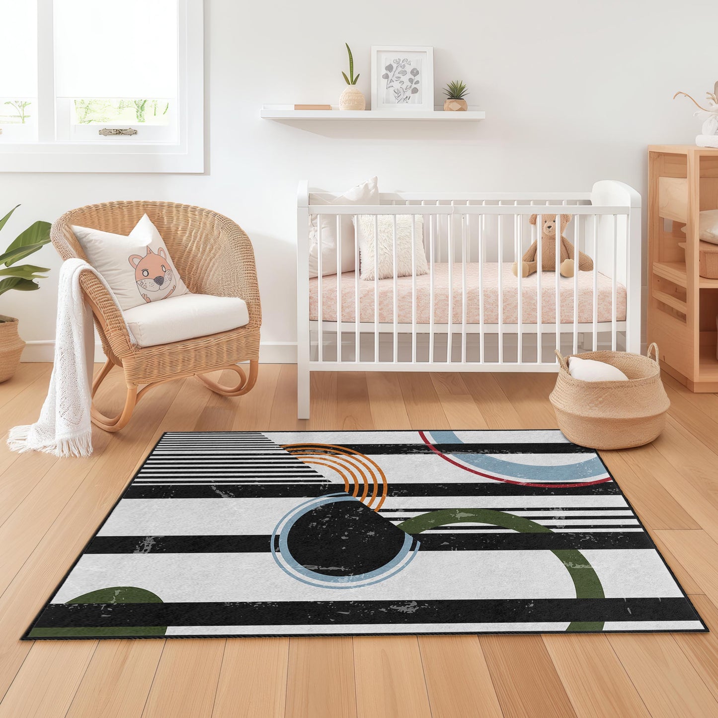 Rechteckiger Kinderteppich mit geometrischem Muster, moderner Streifenteppich, farbenfroher Spielzimmerteppich, einzigartige Kinderzimmerdekoration