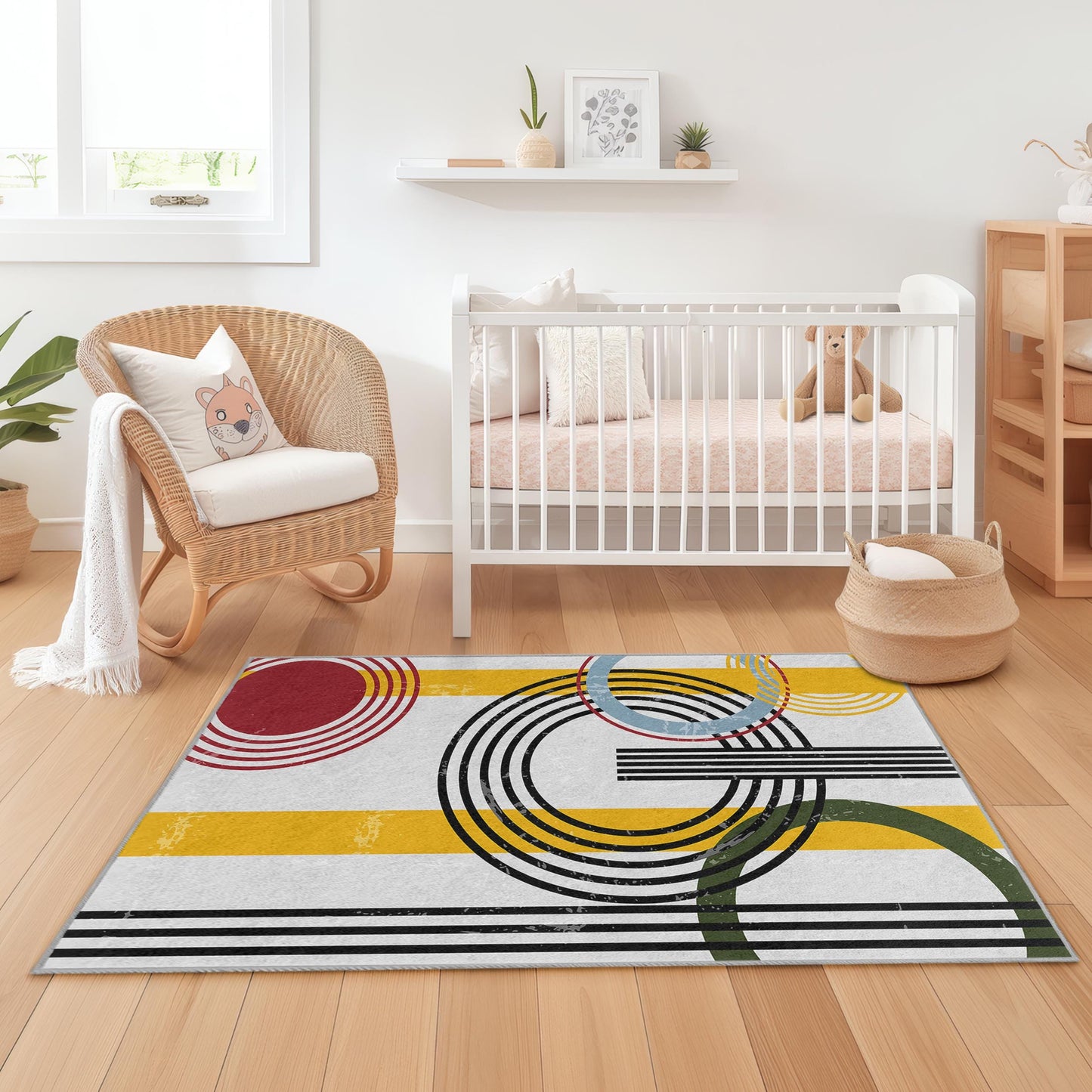 Kinderteppich mit geometrischem Kreismuster, farbenfrohe rechteckige Spielmatte, moderne Kinderzimmerdekoration, Spielzimmerteppich, Teppich fürs Kinderzimmer