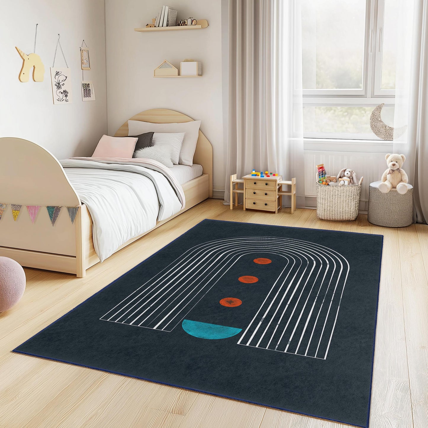 Rechteckiger Kinderteppich mit geometrischem Regenbogenmuster, moderne Kinderzimmerdekoration, farbenfroher Spielzimmerteppich, stilvoller Kinderzimmerteppich