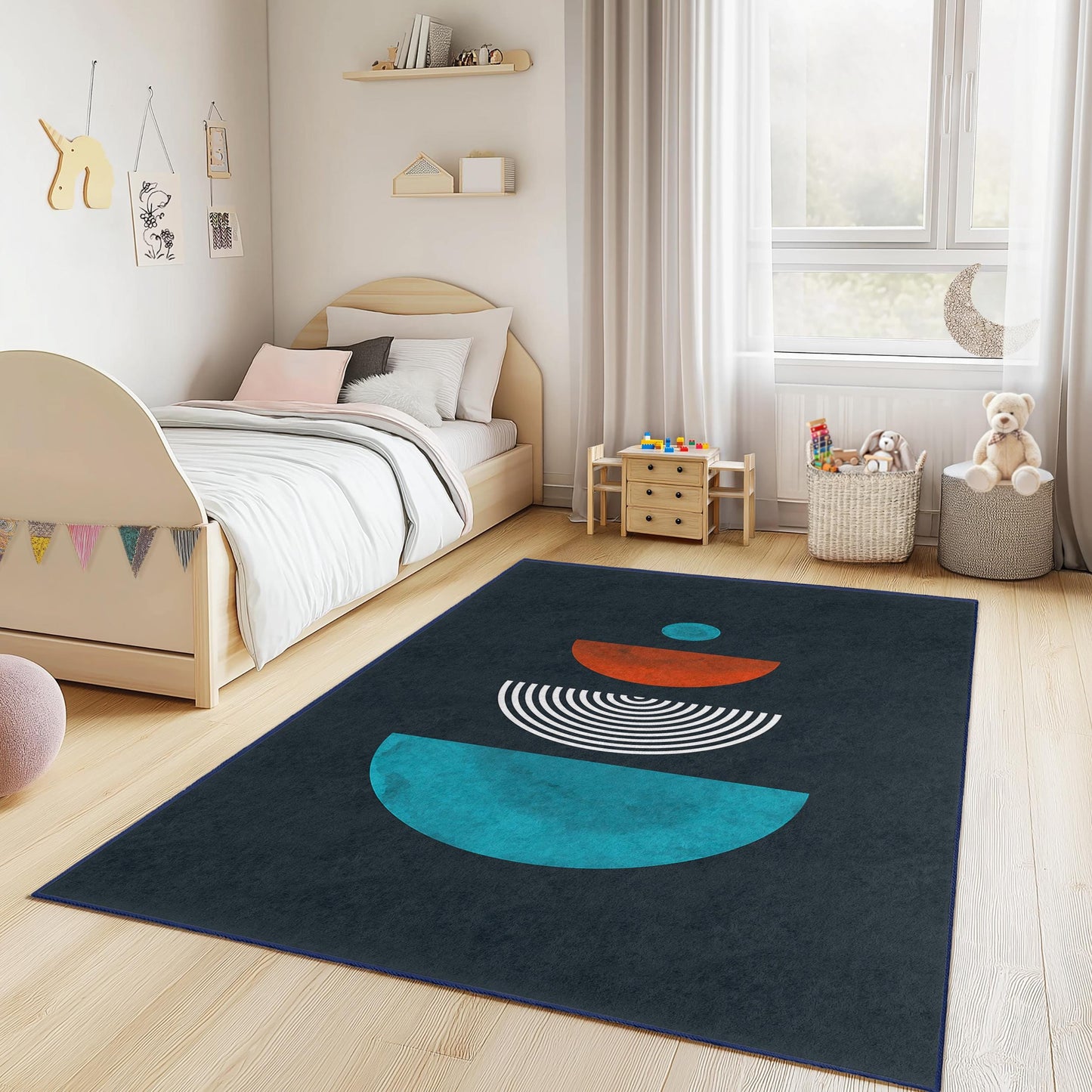 Rechteckiger Kinderteppich mit geometrischem Muster, farbenfroher Teppich mit verschiedenen Formen, moderner Kinderzimmerteppich, Spielzimmerdekoration, einzigartiger Kinderteppich