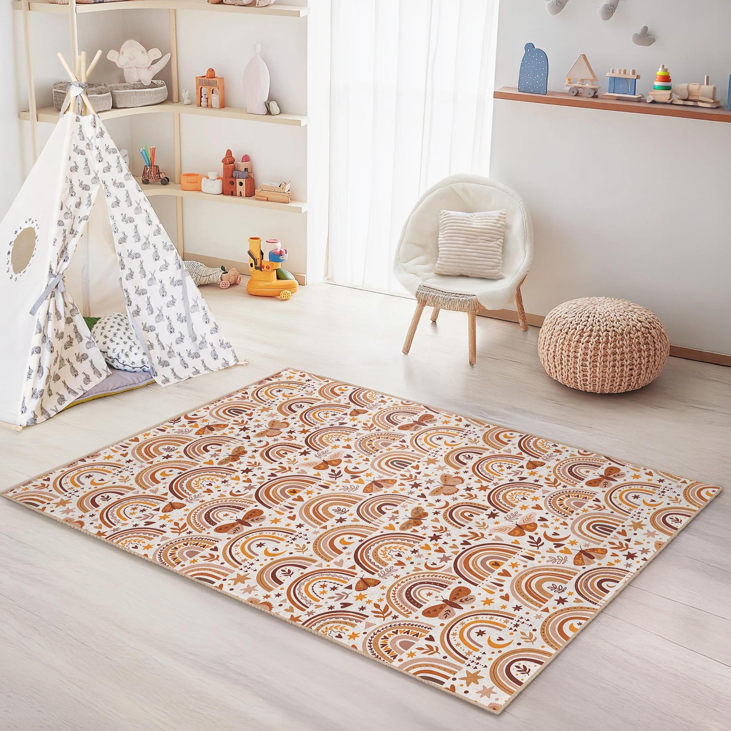 Regenbogen- und Schmetterlings-Kinderteppich, rechteckiger Spielzimmerteppich, farbenfrohe Kinderzimmerdekoration, weicher Stoffteppich für Kinder, Herbstmotiv